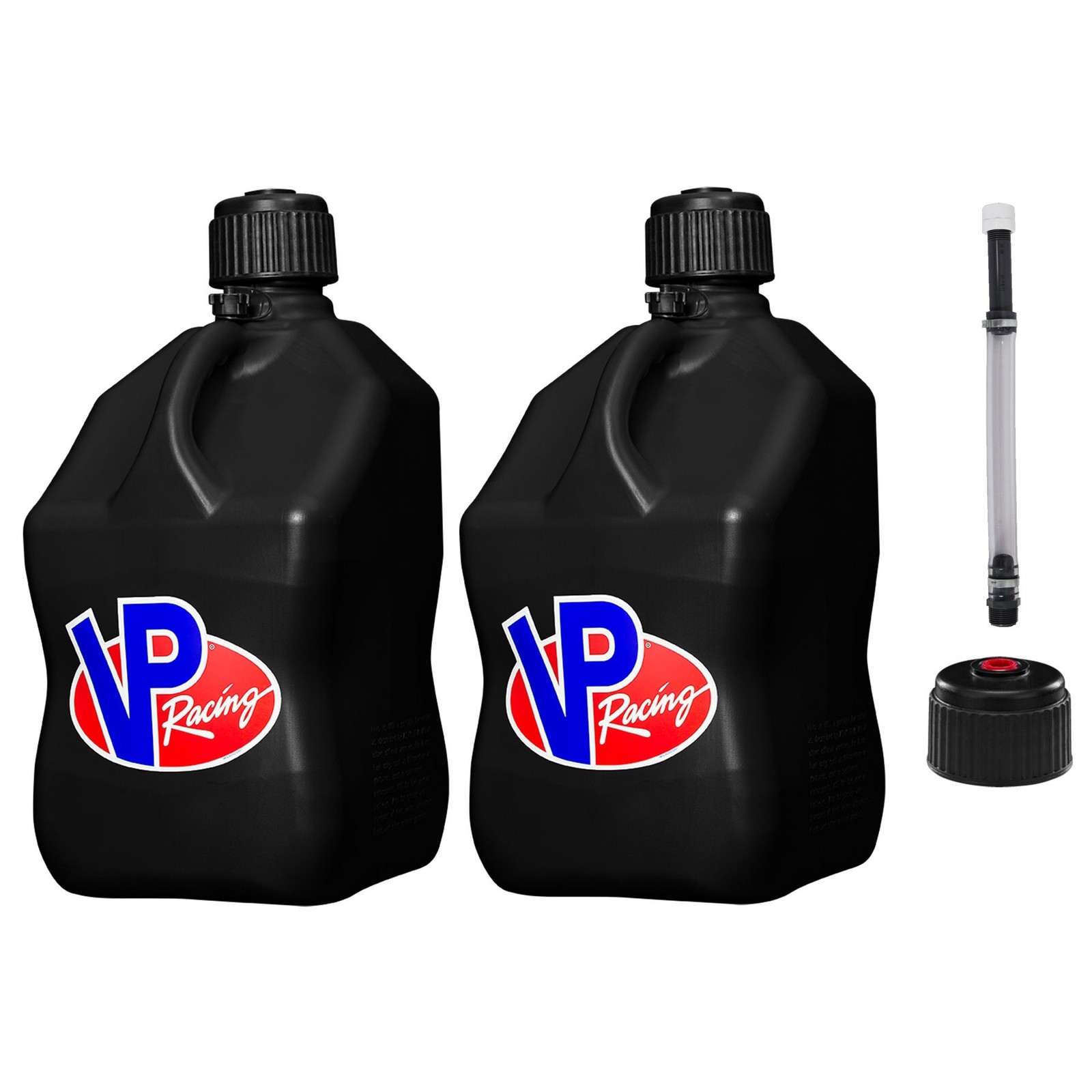 VP Racing Square Fuel Jug 5 Gallon Black x 2 – With Spare Cap and Filler Hose