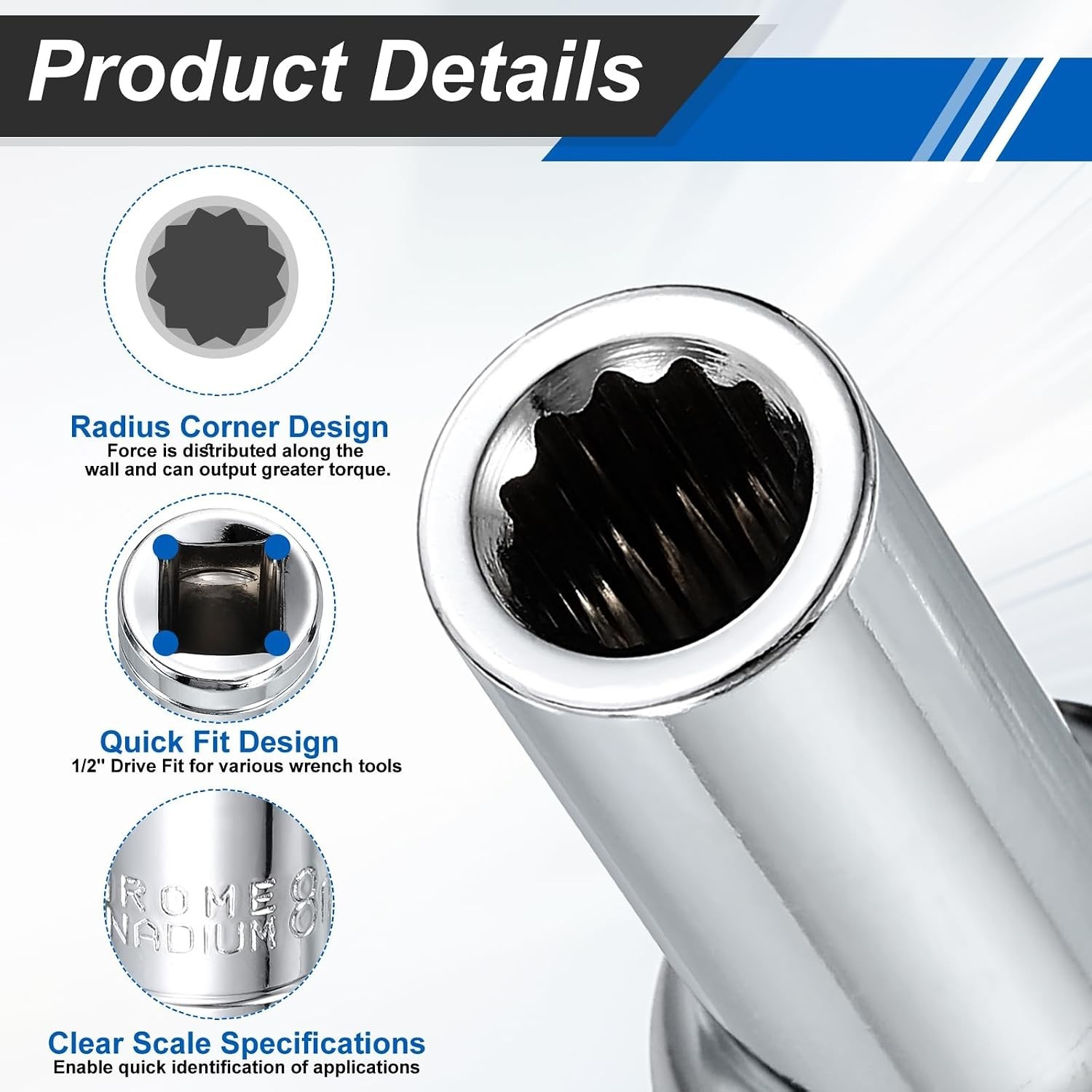2pcs 12 Points Socket 1/2″ Drive 8mm Metric Deep Impact Socket Cr-V Steel Chr…