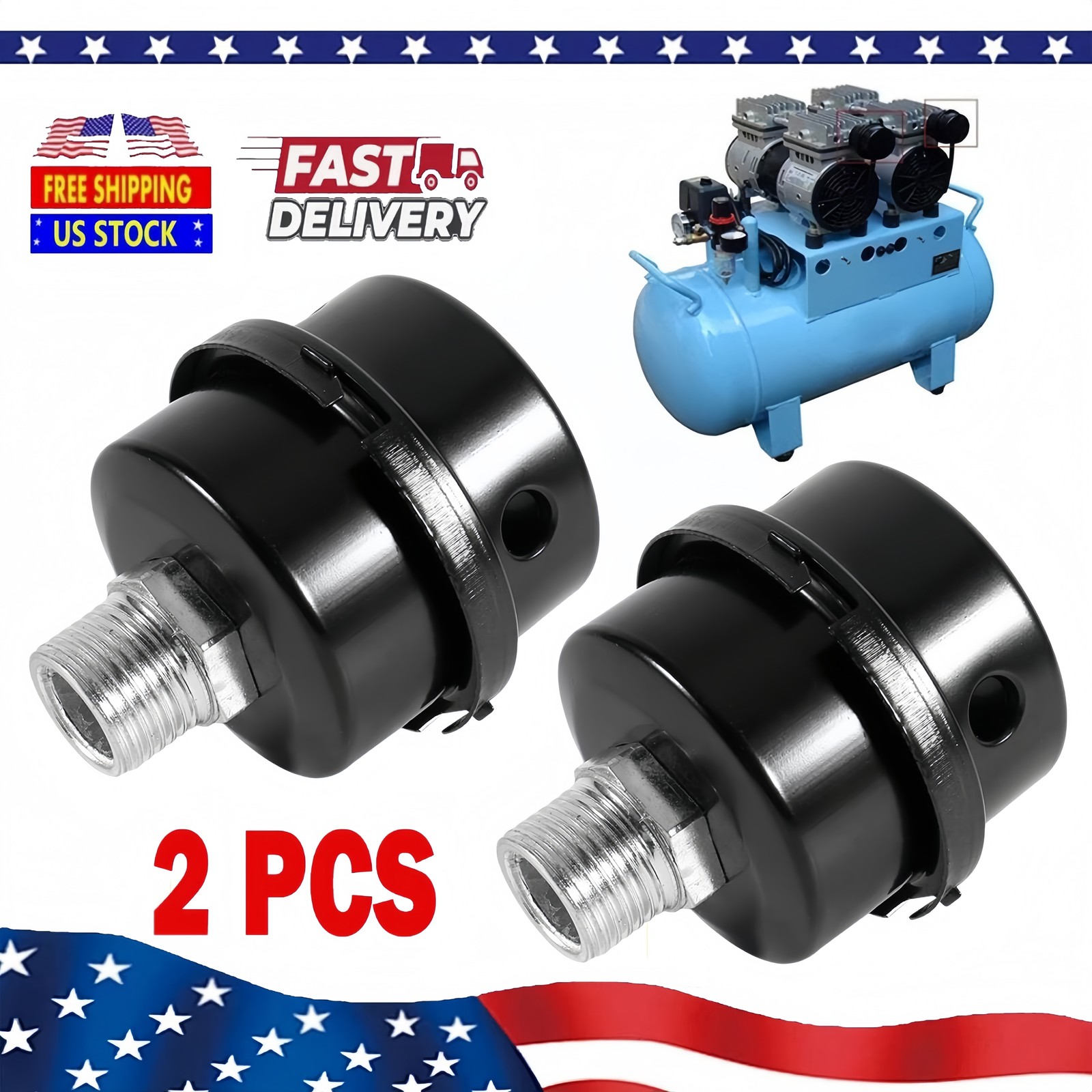 2-Pack 1/2″ NPT Air Compressor Silencer Filter 20mm Metal Noise Muffler Intake