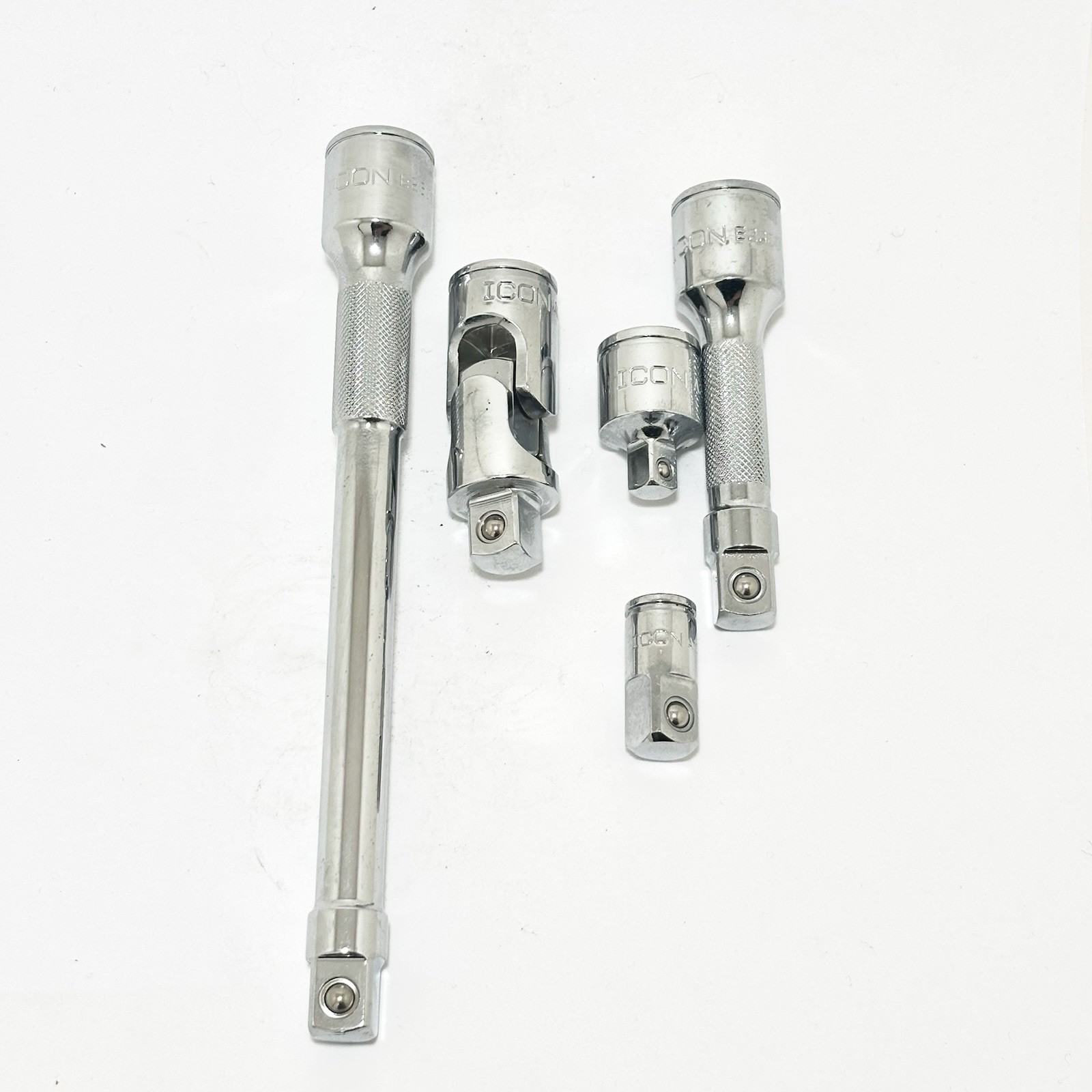 NEW ICON 3/8 INCH DRIVE 5 PIECE EXTENSION & SWIVEL ADAPTER SET CHROME POLISHED