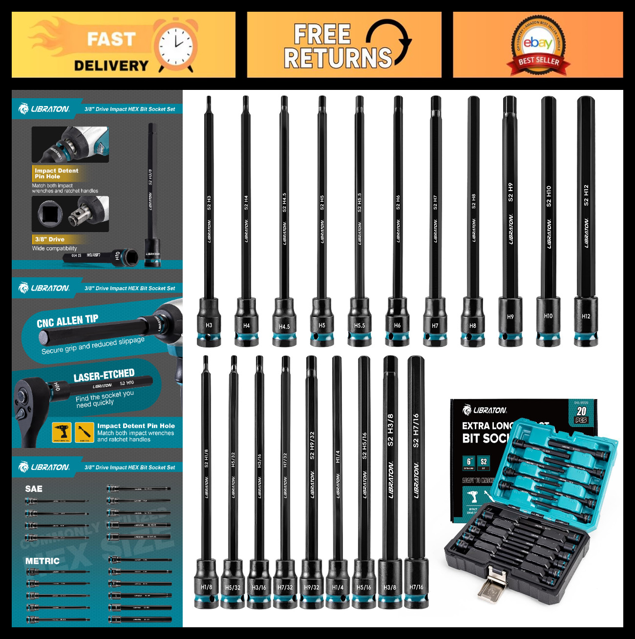 20PCS Long Impact Hex Bit Socket Set, S2 Steel Allen Wrench Sockets, SAE/Metric