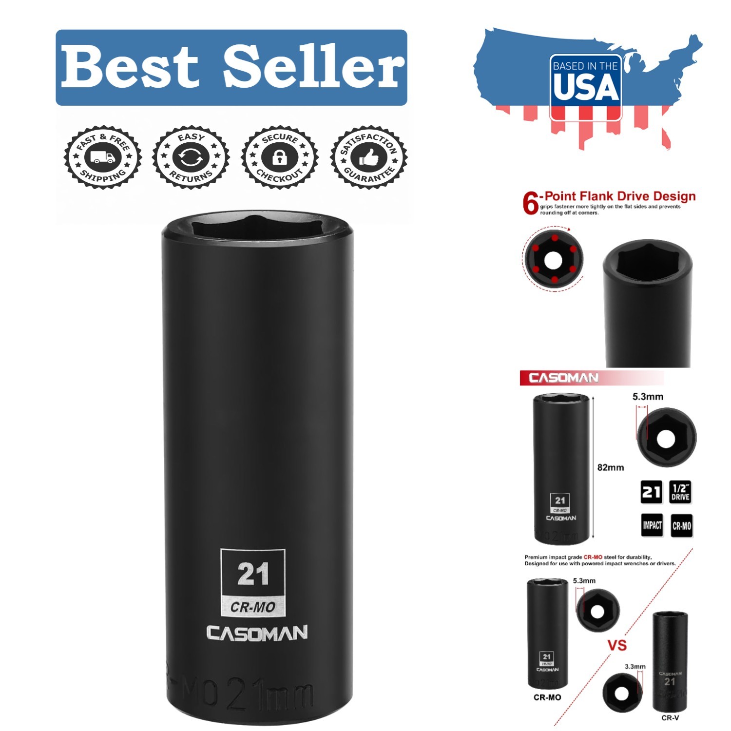 6-Point 21mm Deep Impact Socket, Chrome Molybdenum Steel for Impact Wrenches