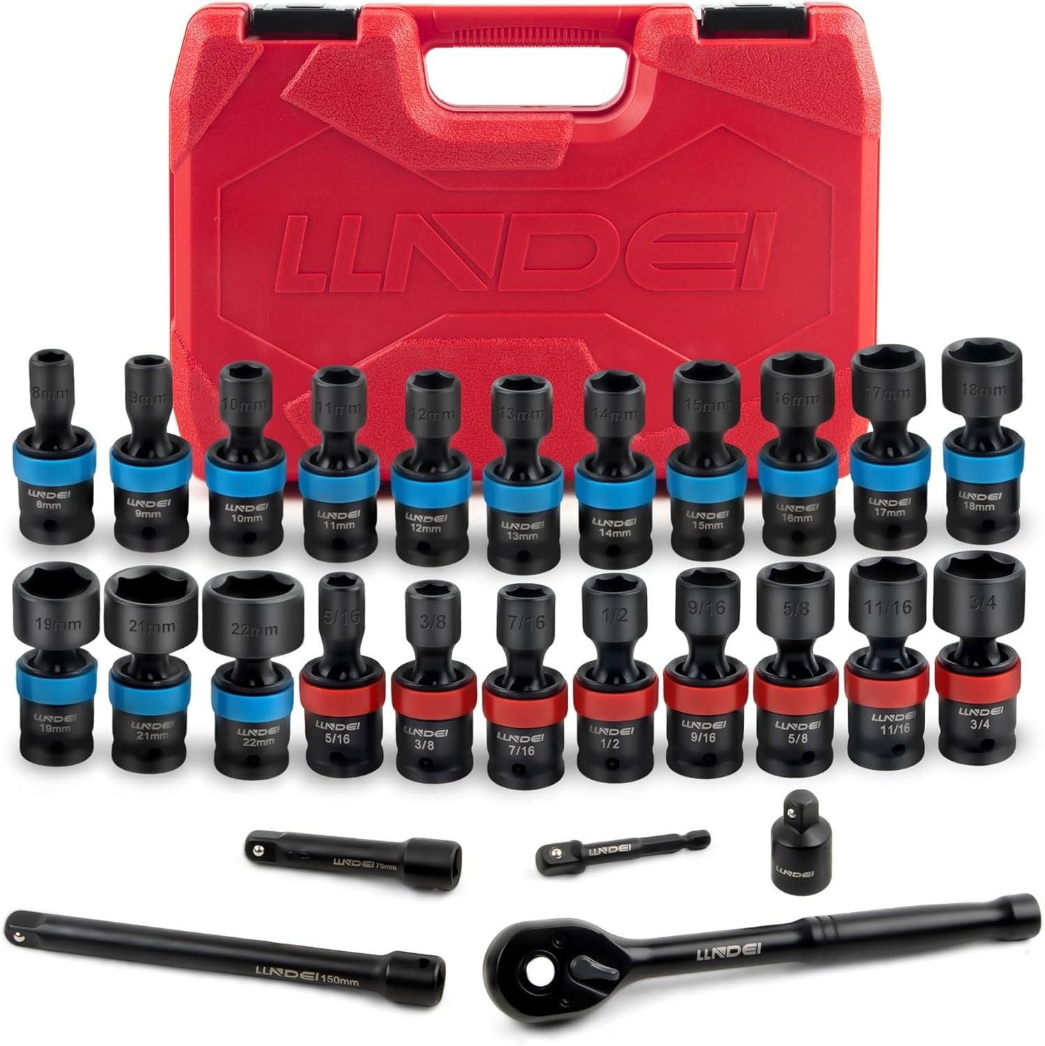 27Pcs 3/8″ Drive Swivel Impact Socket Set, CR-MO Swivel Socket Set Metric8-22…