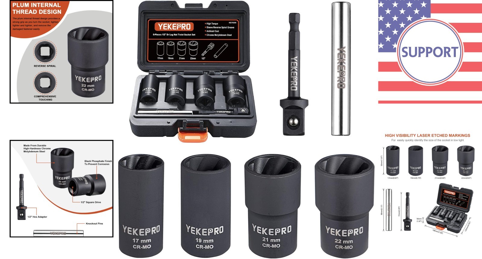 Professional 6 PCS 1/2″ Drive Lug Nut Extractor Set – 17,19,21,22MM Sockets