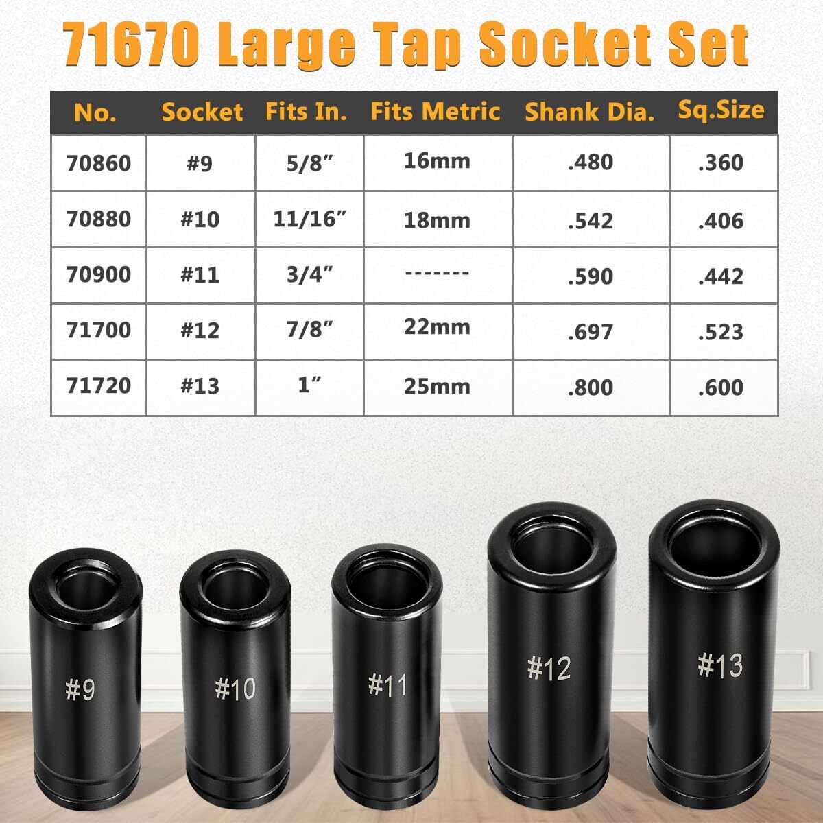 71670 Large Tap Socket Set Fit 5/8″, 11/16″, 3/4″, 7/8″ & 1″ Taps 1/2″ Drive