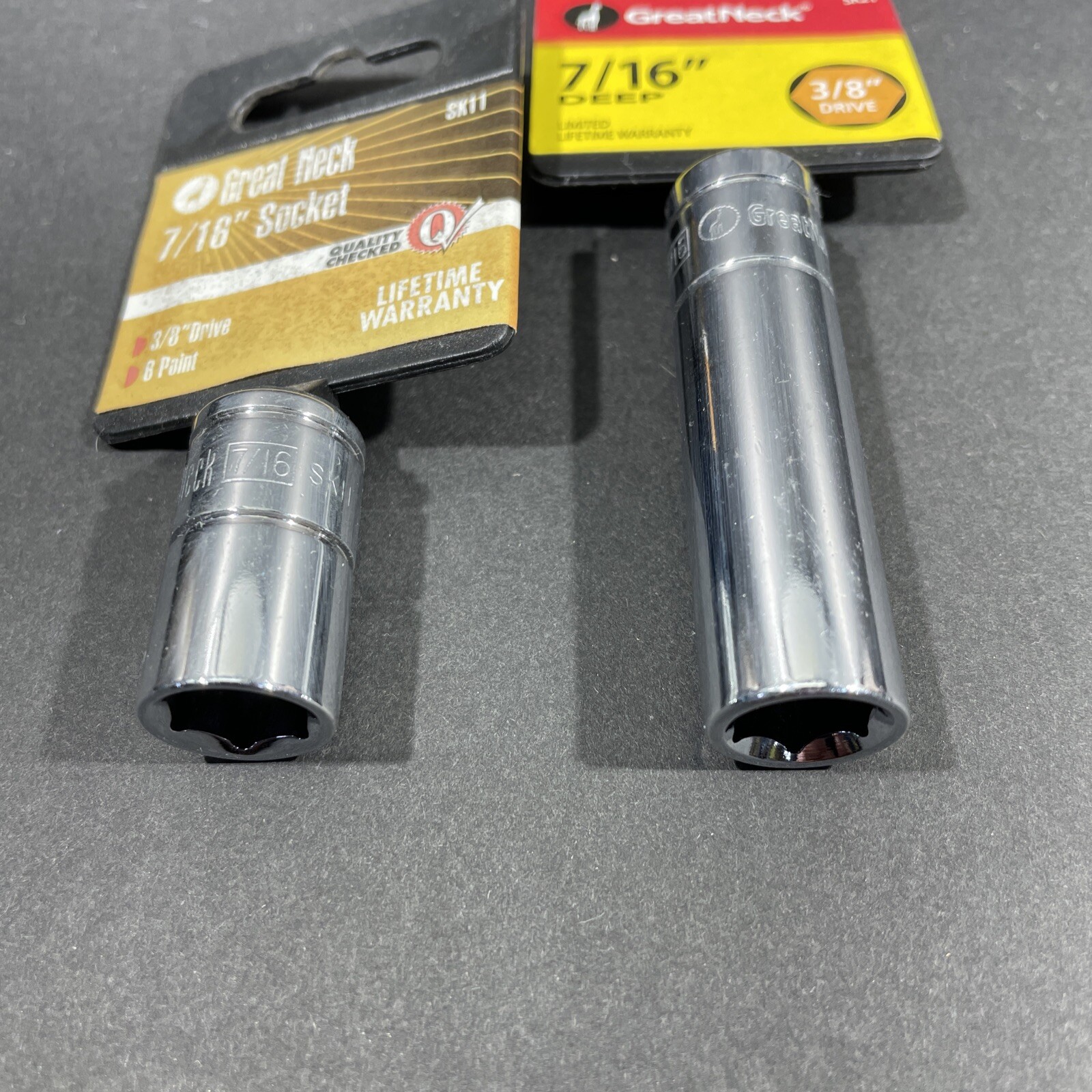 2- 7/16” Great Neck 3/8” Drive 6 Point Sockets, Deep & Shallow, Free US Ship