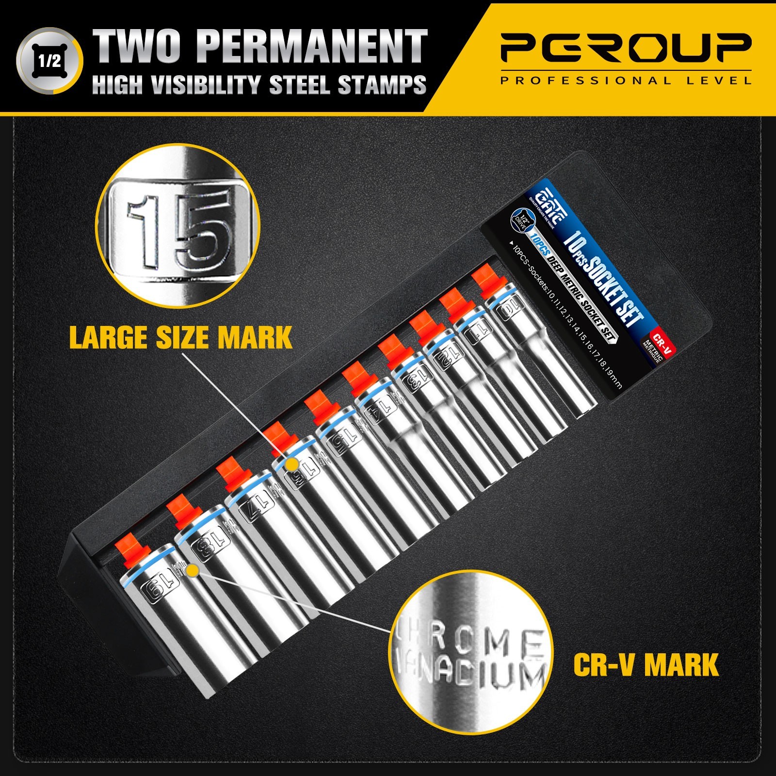 10PCS 1/2” Drive Deep Metric (10mm-19mm) Socket Set, 6-Point, Cr-V Steel