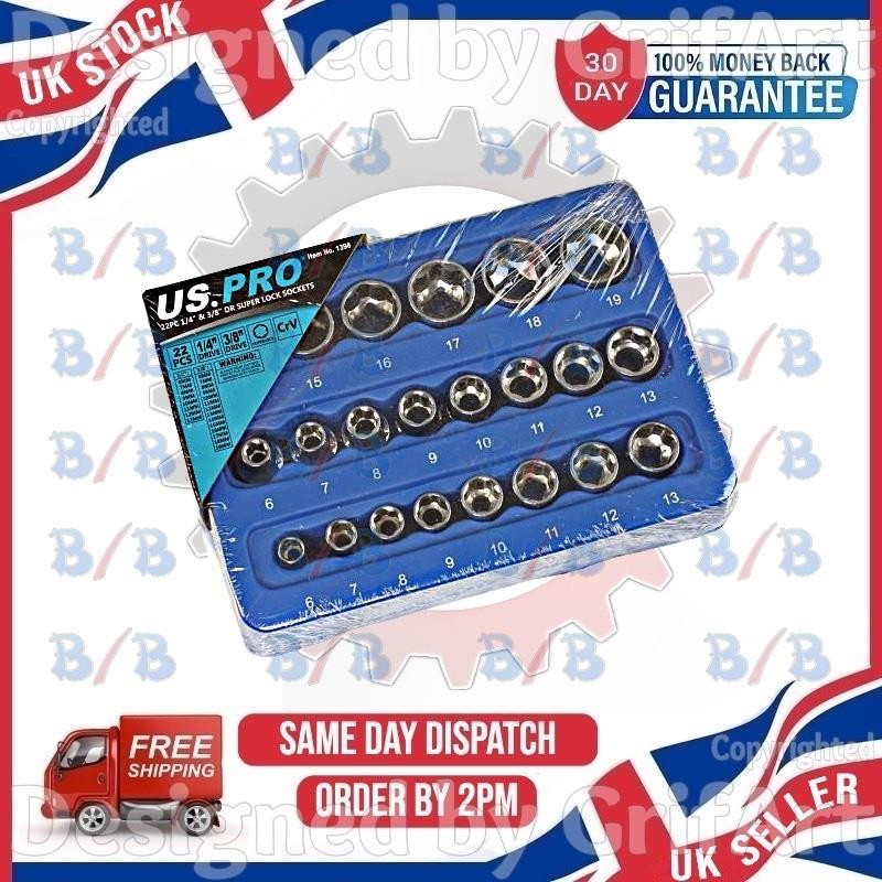 US PRO 22PC SUPER LOCK SHALLOW SOCKET SET 6 SIDED SINGLE HEX 1/4″ 3/8″ DRIVE