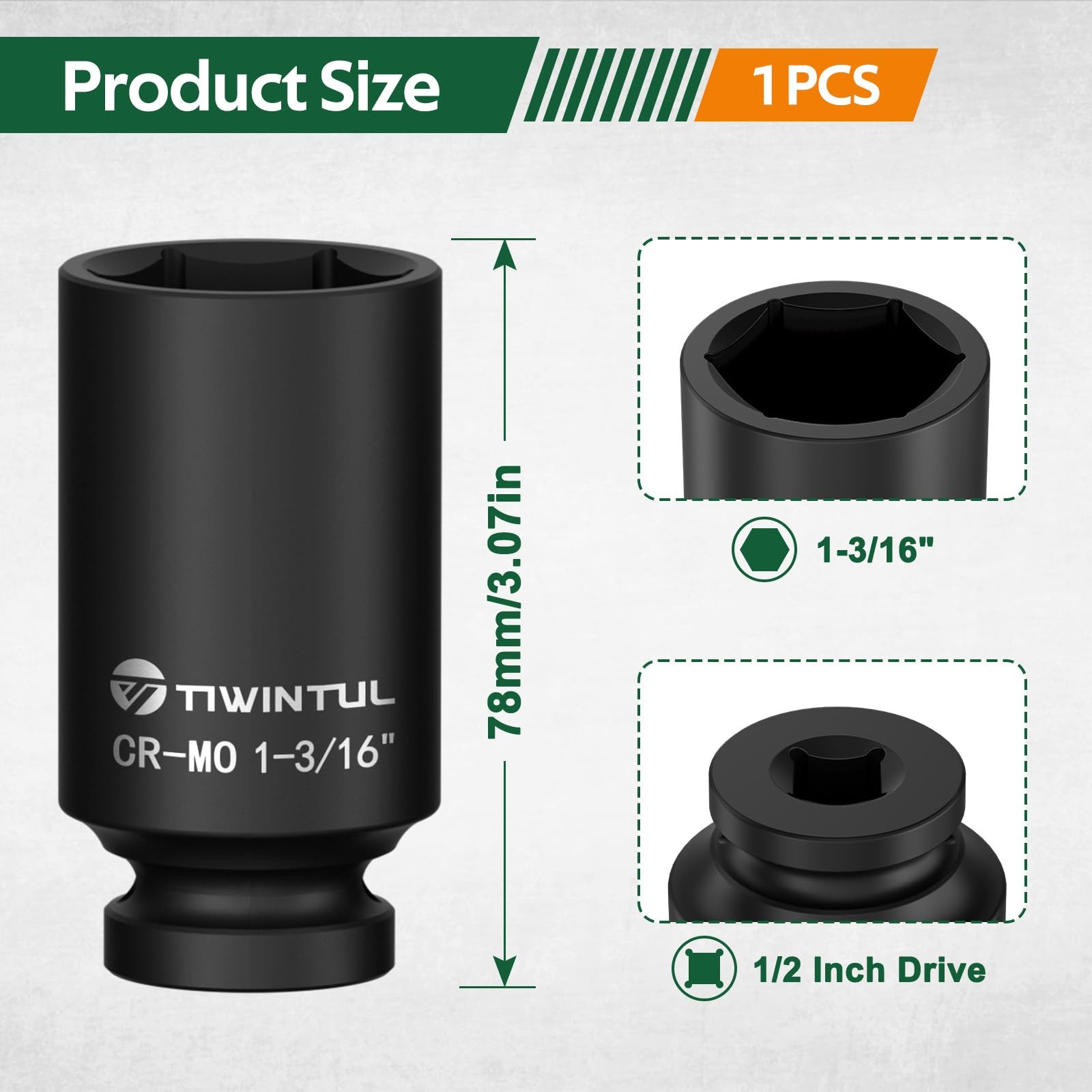 TIWINTUL 1-3/16” Impact Socket 1/2 Inch Drive, Deep 1-3/16″ (Deep), Black