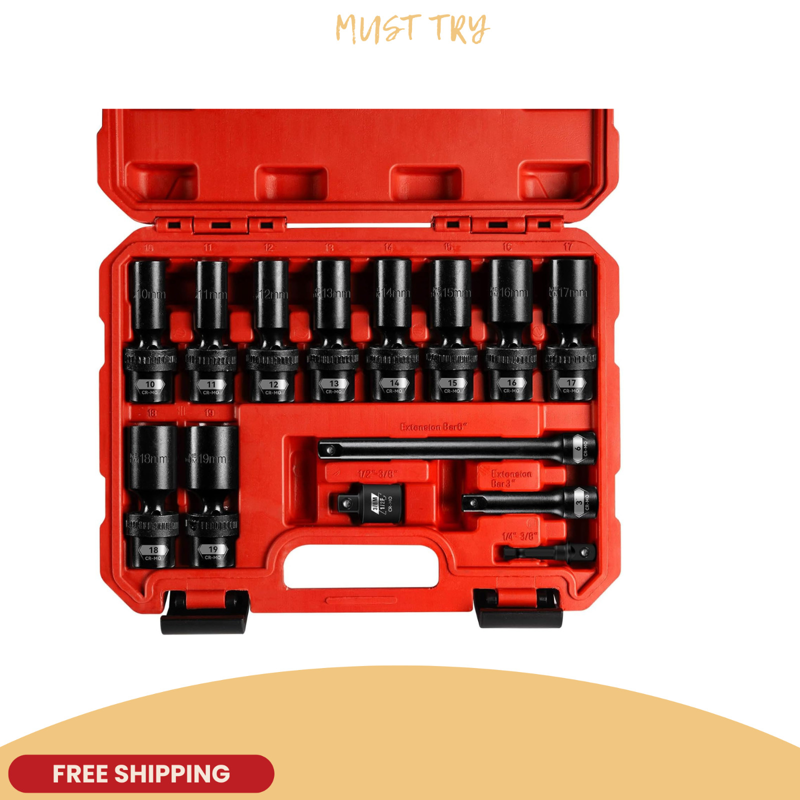 NEW 14Pc 3/8″ Drive Swivel Impact Socket Set Metric 10-19mm CR-MO Extensions