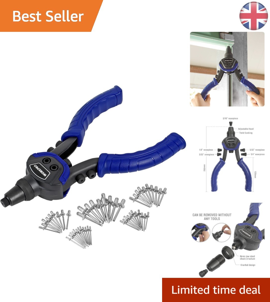 Durable 250 mm Rivet Gun Set with Multiple Nozzles & Labor-Saving Design