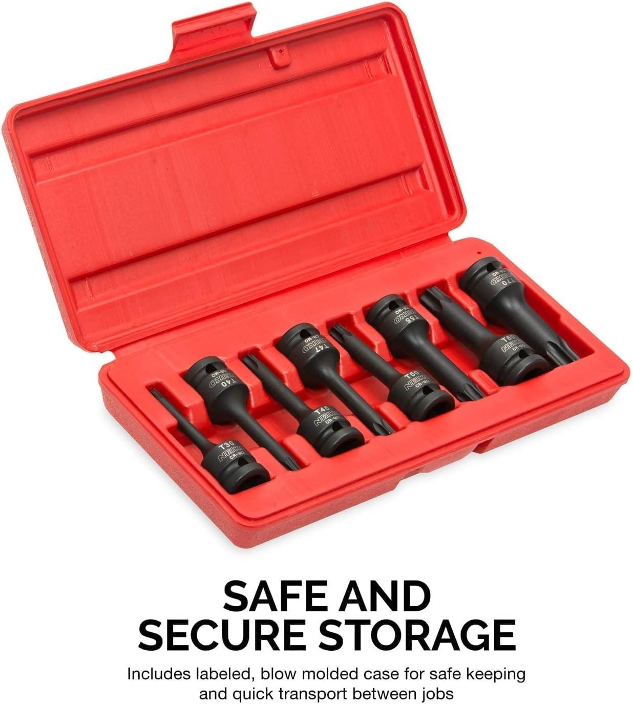 NEIKO 01138B 1/2” Drive Torx Star Driver Bit Socket Set, 8 Piece, T30 to T70