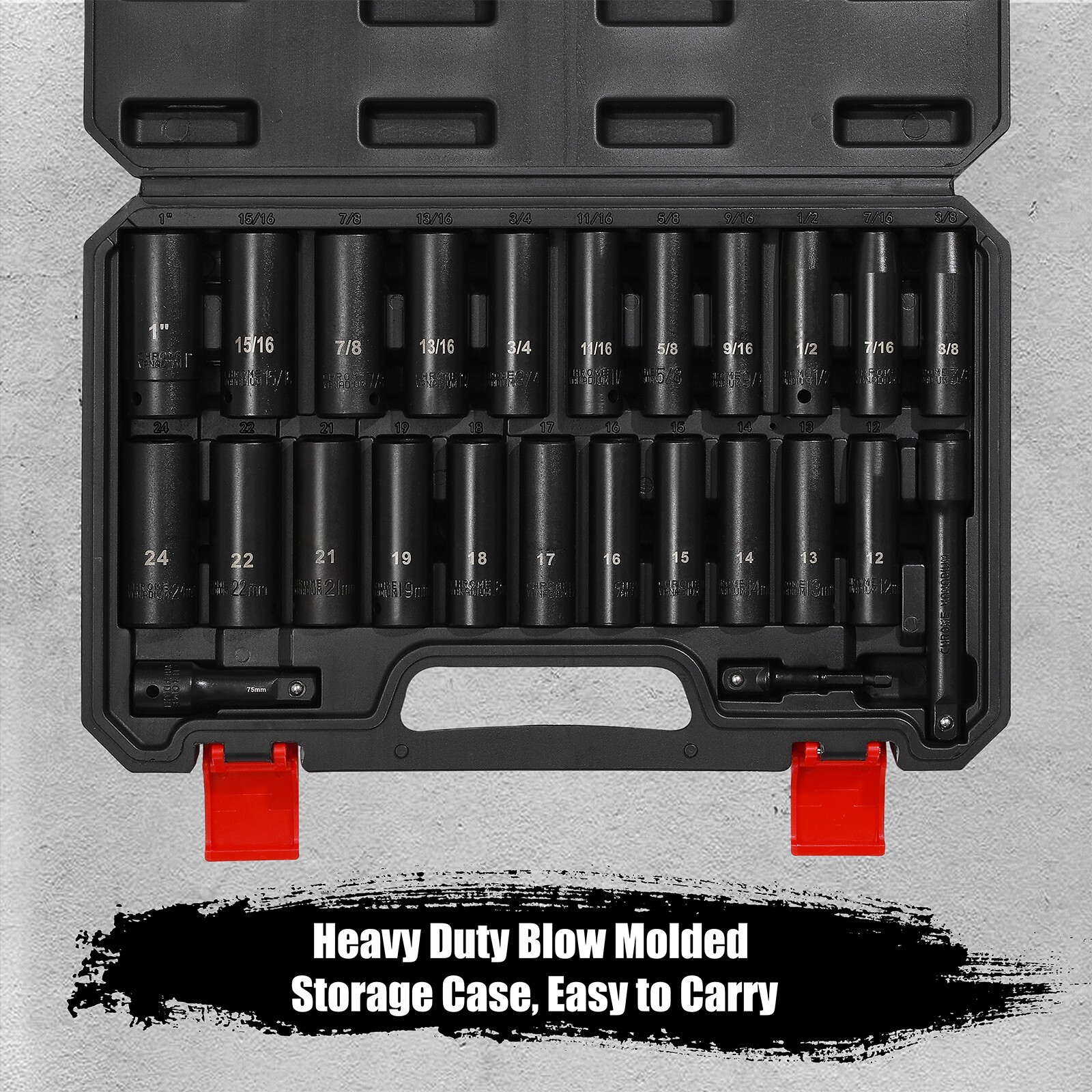25 Pieces 1/2-Inch Drive Deep 6-Point Impact Socket Set, CR-V, Metric & SAE