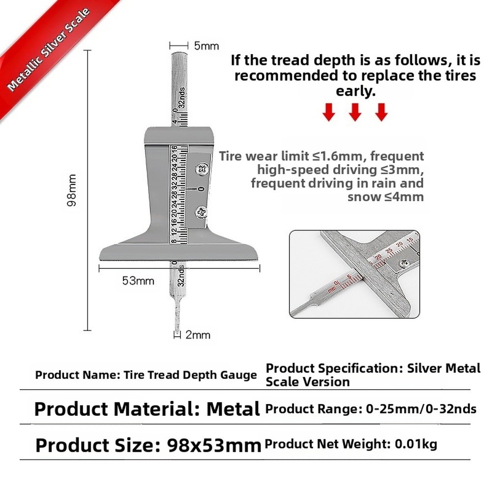 Alloy Metal Probe Tire Tread Depth Gauge Dual Scale 0 25mm 0 32nds Tool