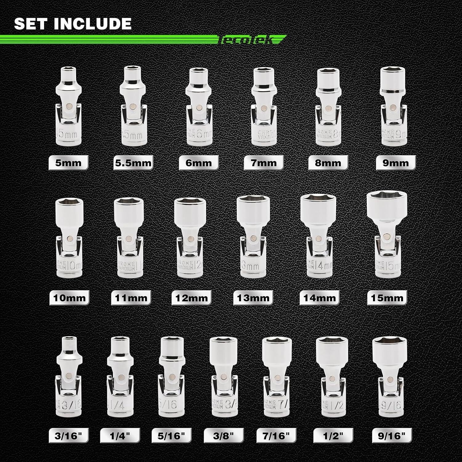 19PCS 1/4″ Drive Universal Joint Socket Set Swivel Socket Set 6-Point SAE/Metric