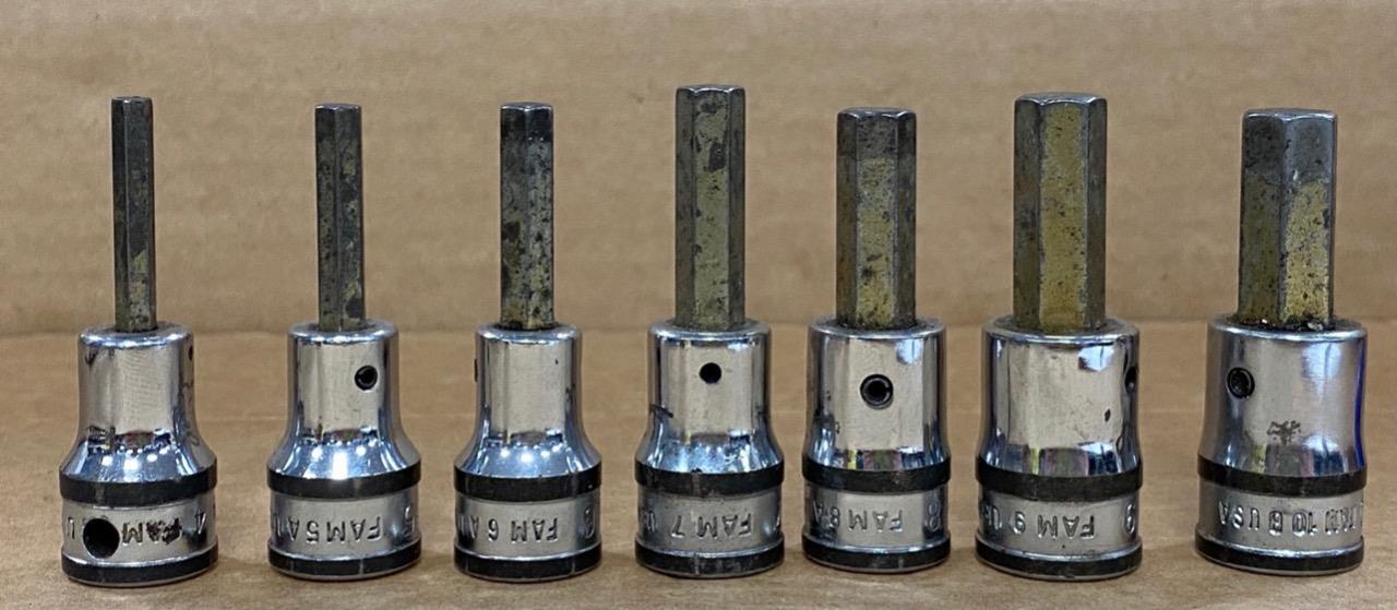 SNAP ON 7 PC 3/8″ DRIVE HEX BIT SOCKETS (4mmm FAM4A- 10mm FAM10B) USED.
