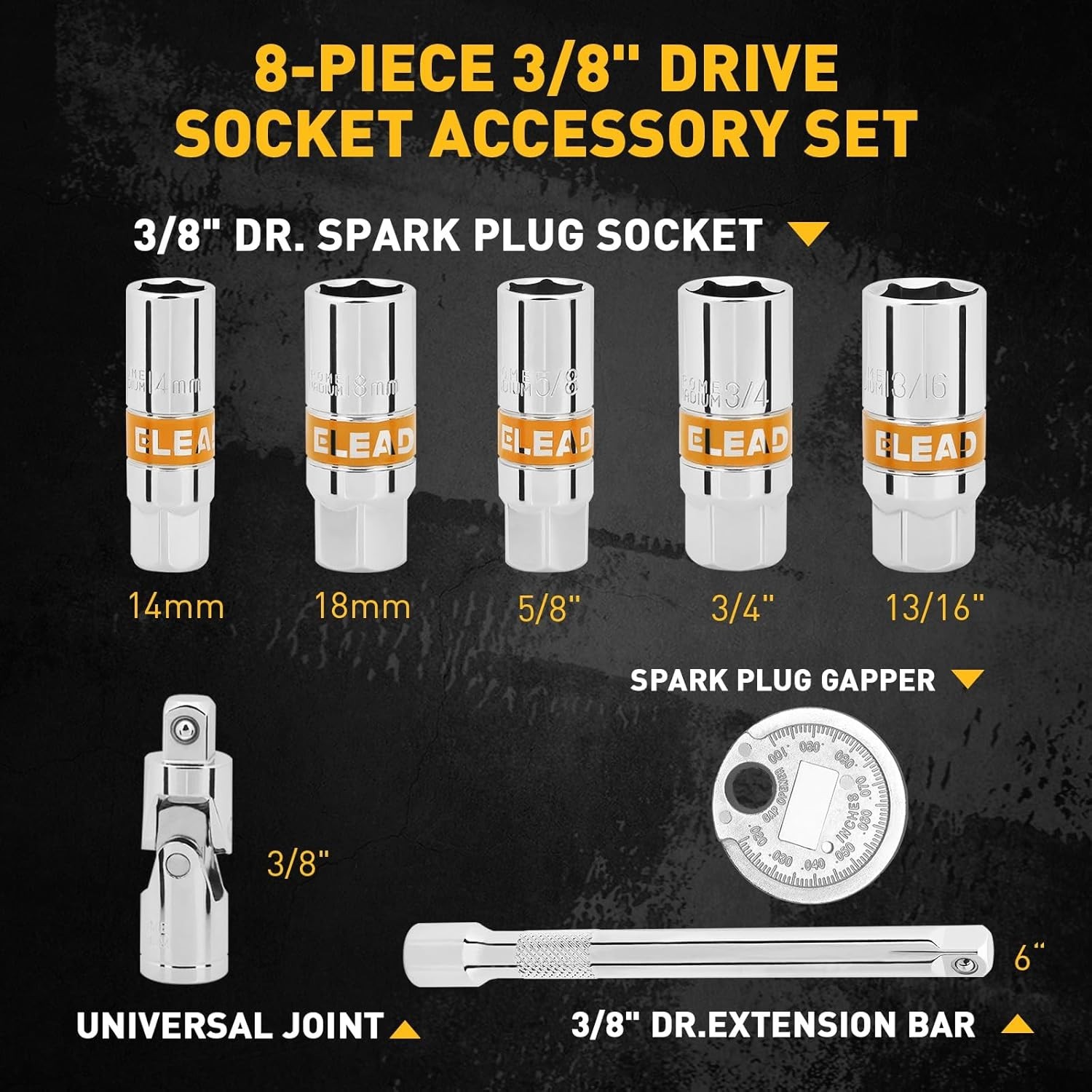8-Piece Spark Plug Socket Set with Extension Bar 3/8″ Drive CR-V Sockets