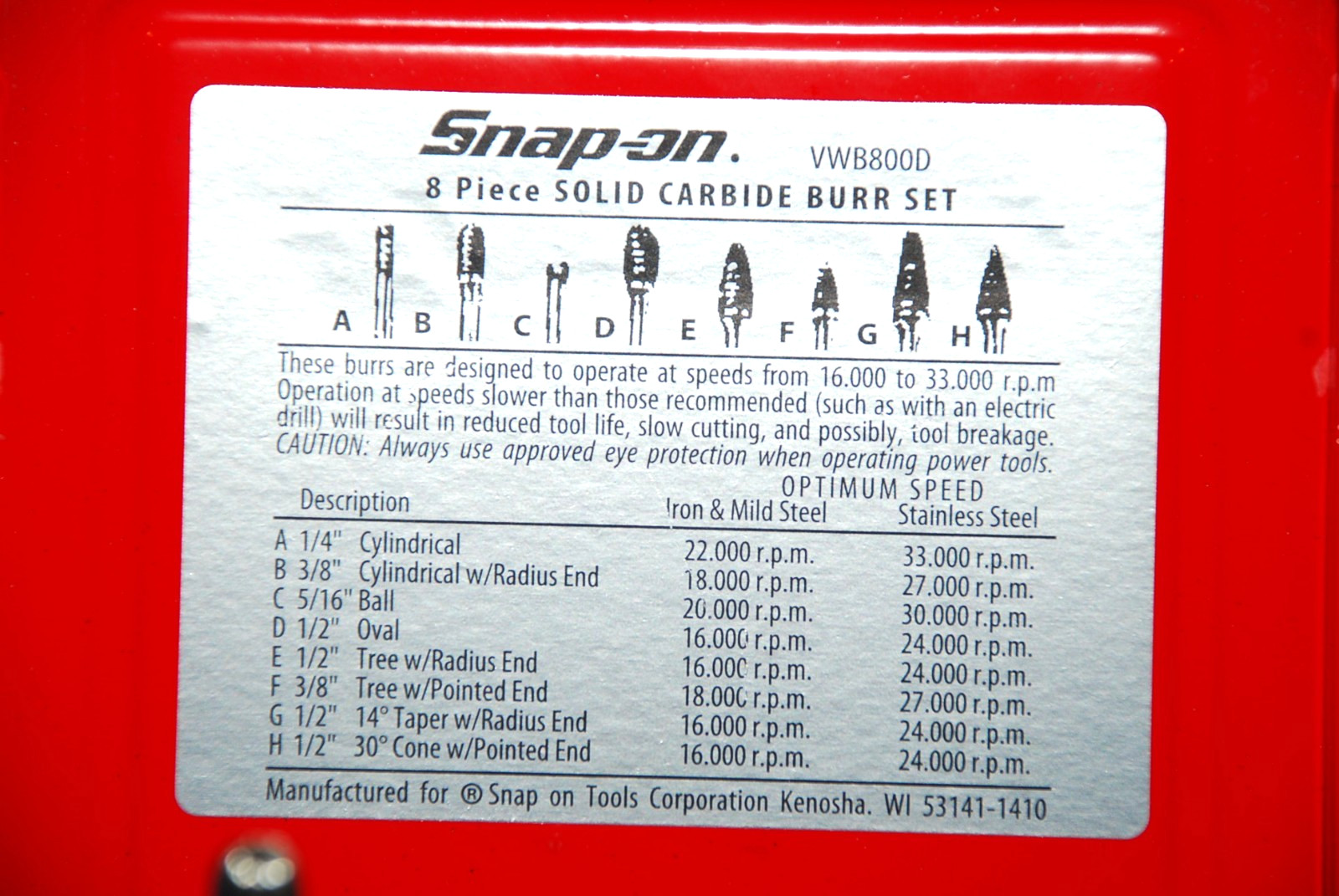 Snap-On Tools NEW Ships for FREE 8 Pc Carbide Burr Set for Die Grinder VWB800D