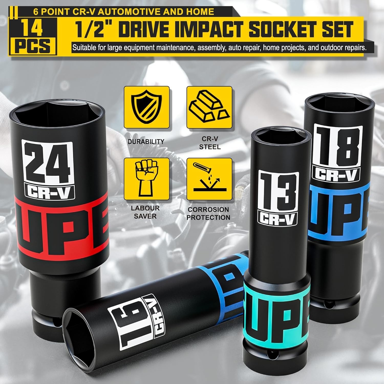 1/2”Drive Metric Deep Impact Socket Set,6-Point Design,14-Piece Set 10mm to 24mm