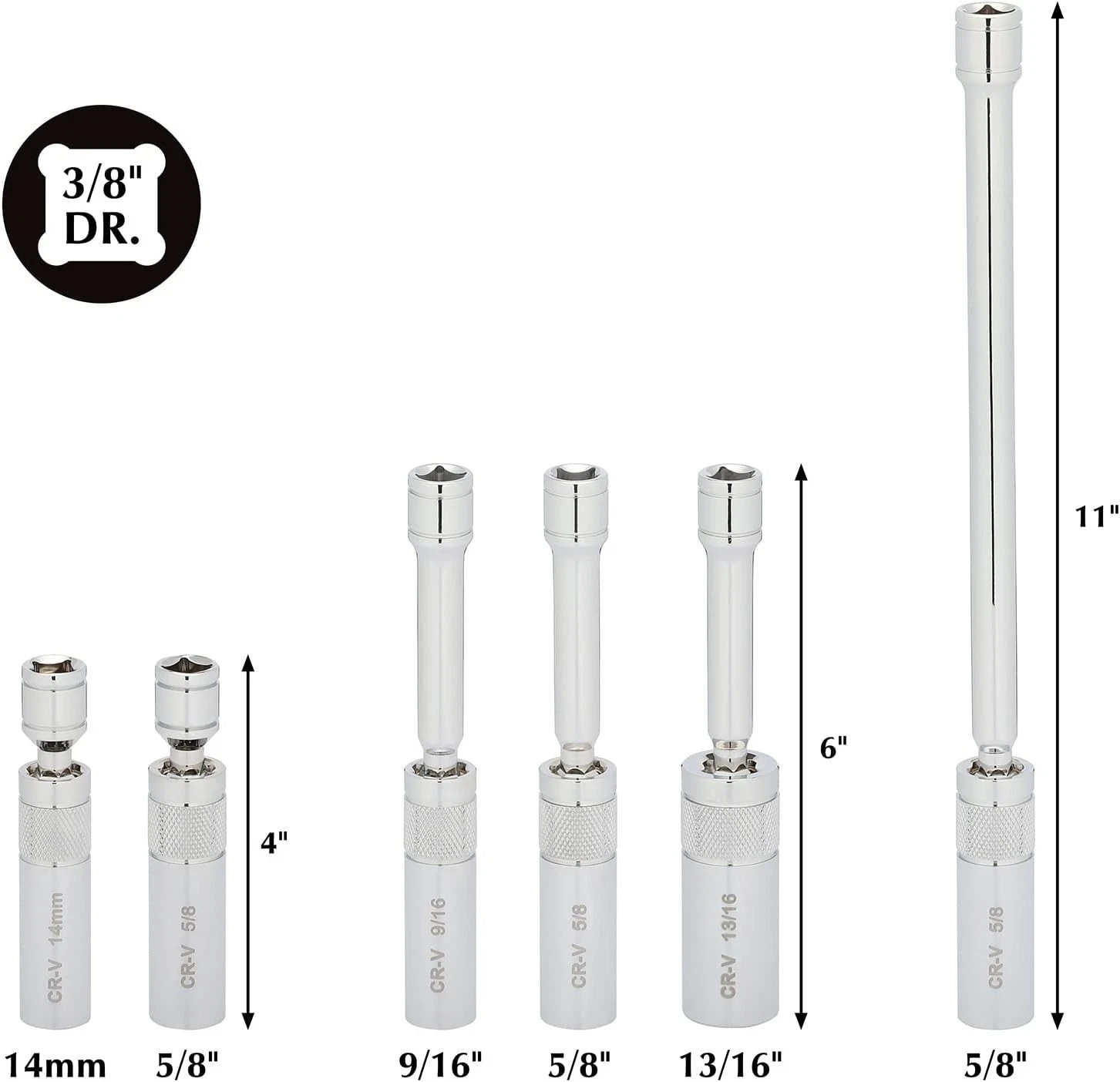 6PCS 3/8″ Dr Magnetic Swivel Spark Plug Socket Set, 9/16″, 5/8″, 13/16″, 14mm
