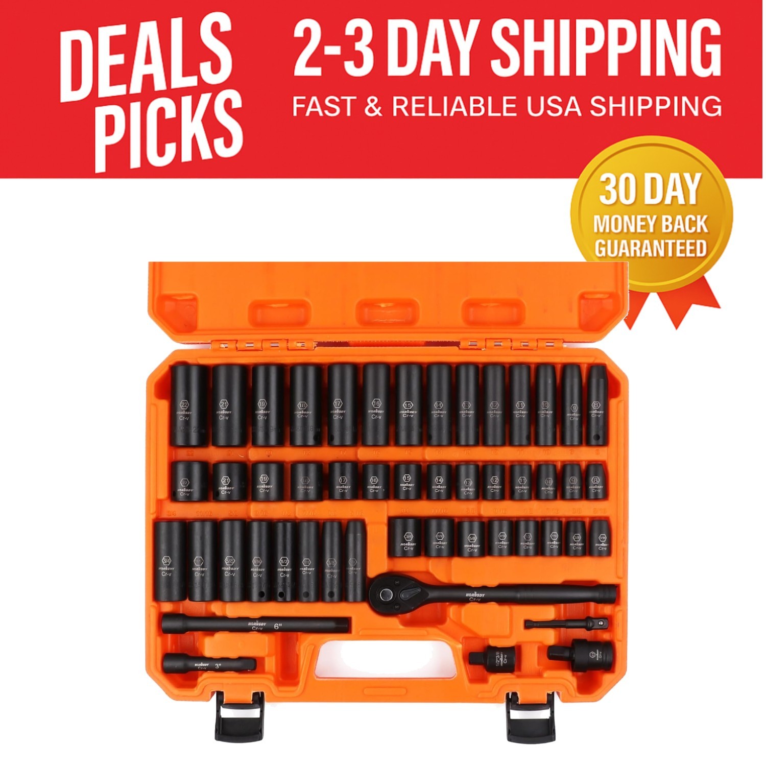 Professional 3/8″ Drive Impact Socket Set – 50-Pc SAE & Metric with Storage Box