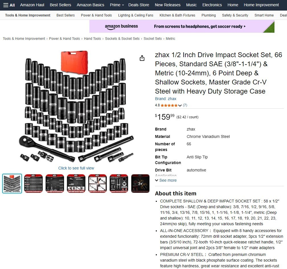 66 PCS 1/2 Inch Drive Impact Socket Set, SAE (3/8″-1-1/4″) & Metric (10-24mm)