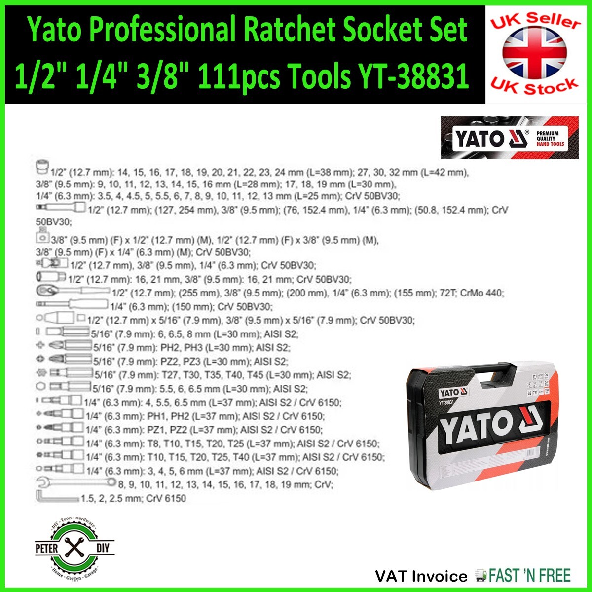 SOCKET SET RATCHET Yato Professional Tools 1/2″ 1/4″ 3/8″ 111pcs Tools YT-38831