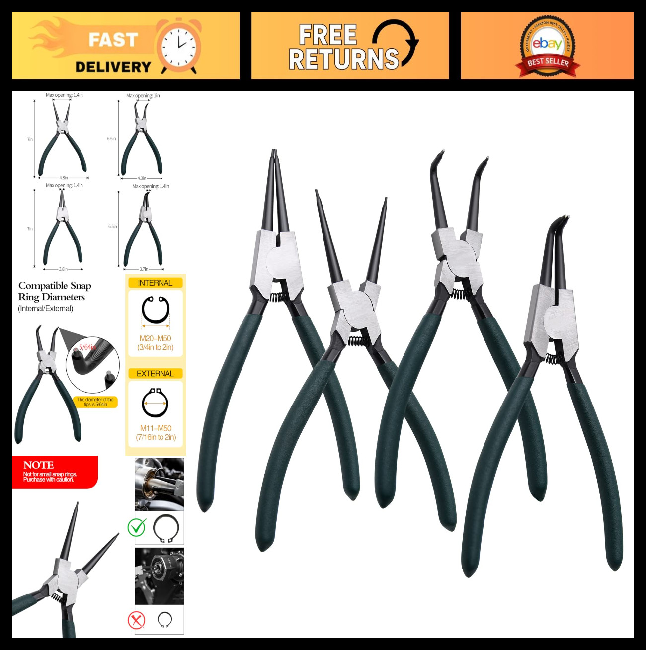 4pcs Snap Ring Pliers Set – 7″ Heavy Duty Internal/External Circlip Tool Kit, Pr