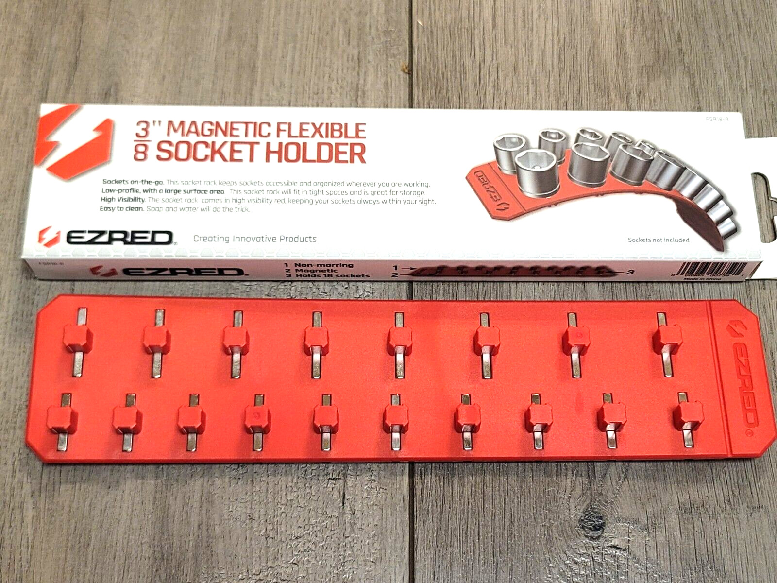 EZ RED 3/8dr Flexible Super Magnetic 18 Socket Holder Rack, Red #FSR18-R