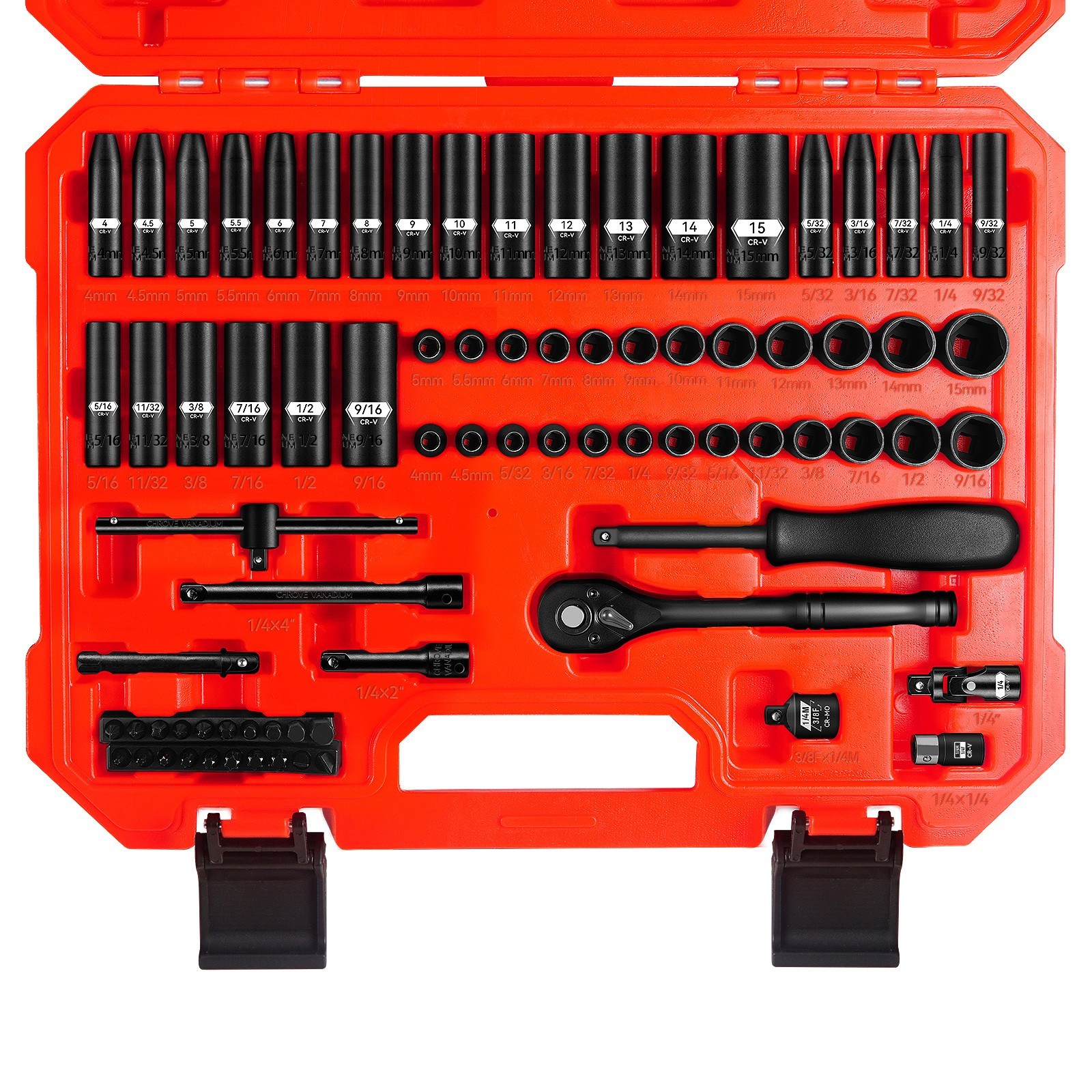 79 PCS 1/4» Drive Impact Socket Set, SAE(5/32- 9/16inch) & Metric(4-15mm) Size