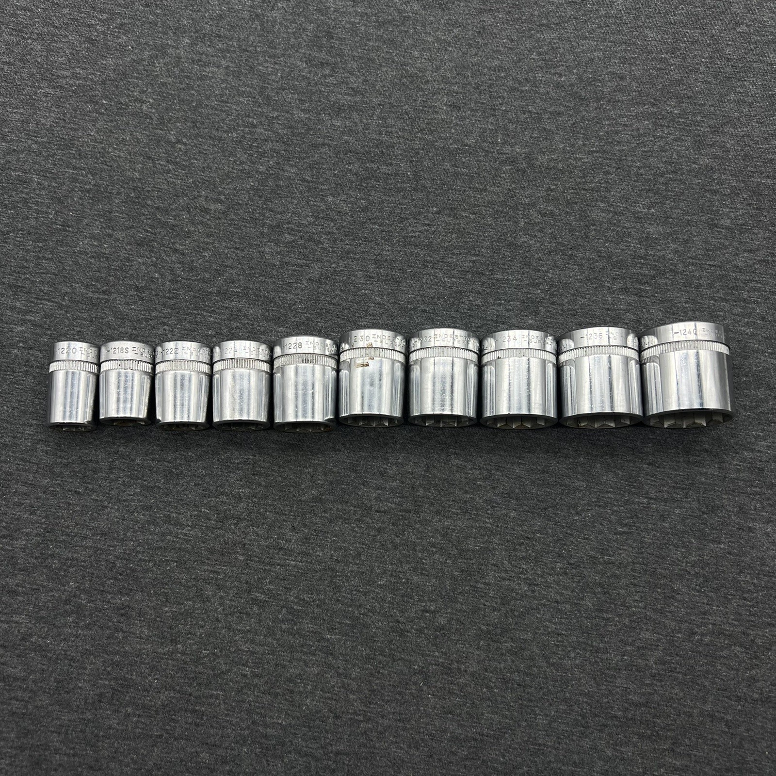 Vintage Indestro Super 1/2″ Drive 10pc SAE 12pt Socket Set Lot Made in USA