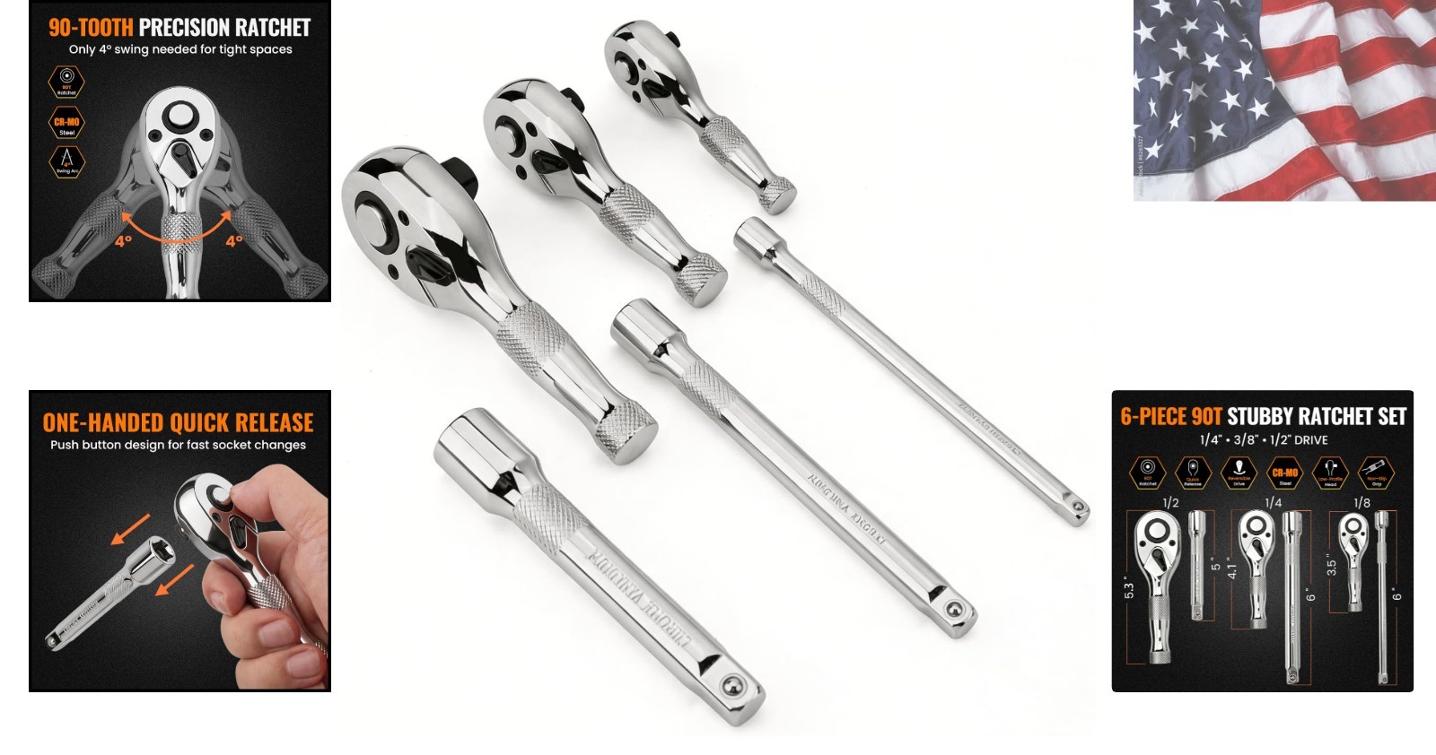 6-Piece Stubby Ratchet and Socket Extension Set, 90T 1/4″, 3/8″, 1/2″ Drive M…