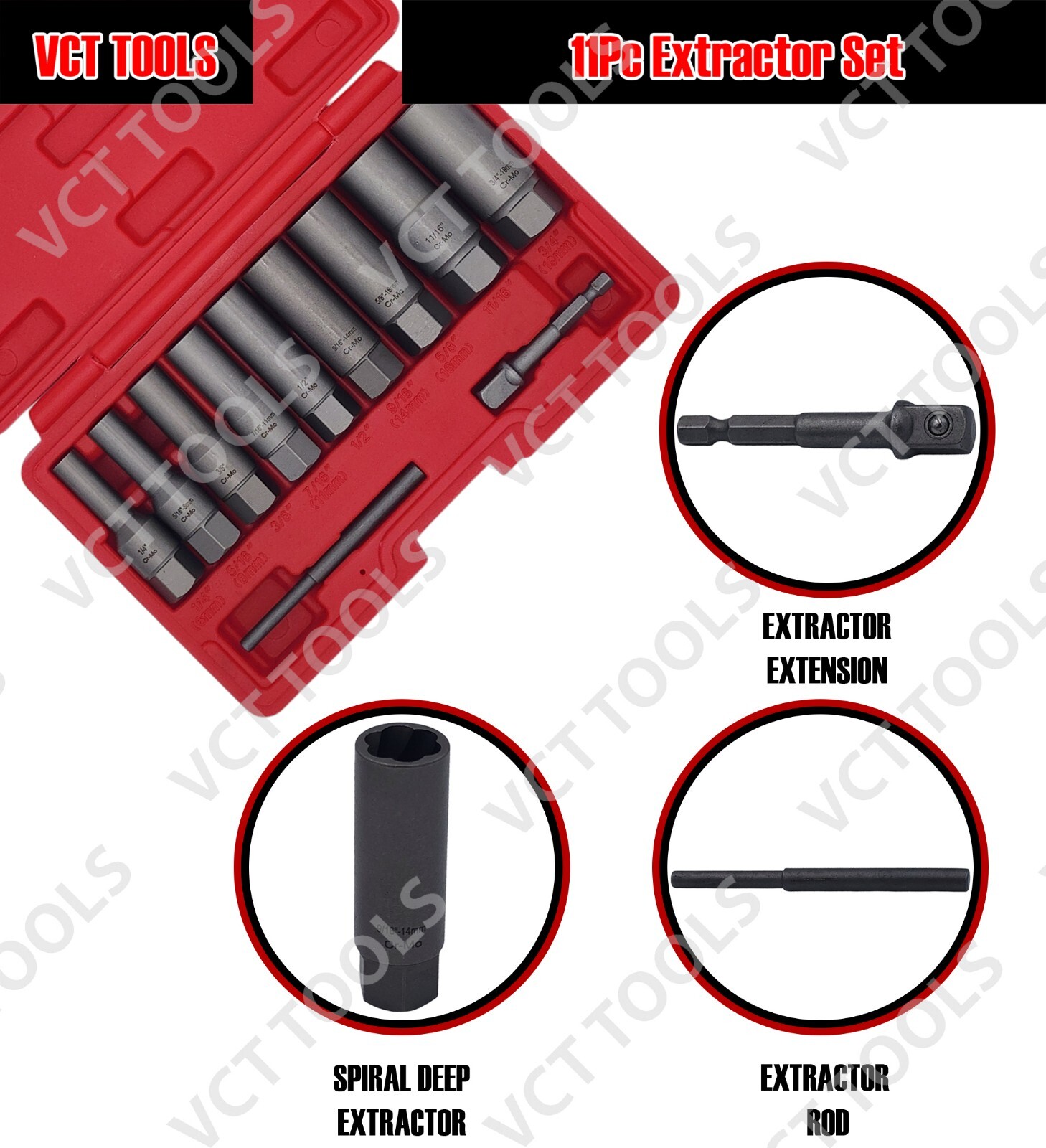 11Pc Spiral 3″ Deep Extractor Set for Removing Spark plugs, Bolts, studs, etc.