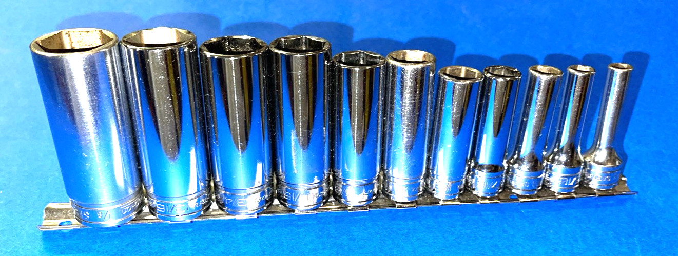 SNAP-ON TOOLS 11 PIECE 3/8 DRIVE SAE. DEEP CHROME 6 POINT SOCKET SET 211SFSY