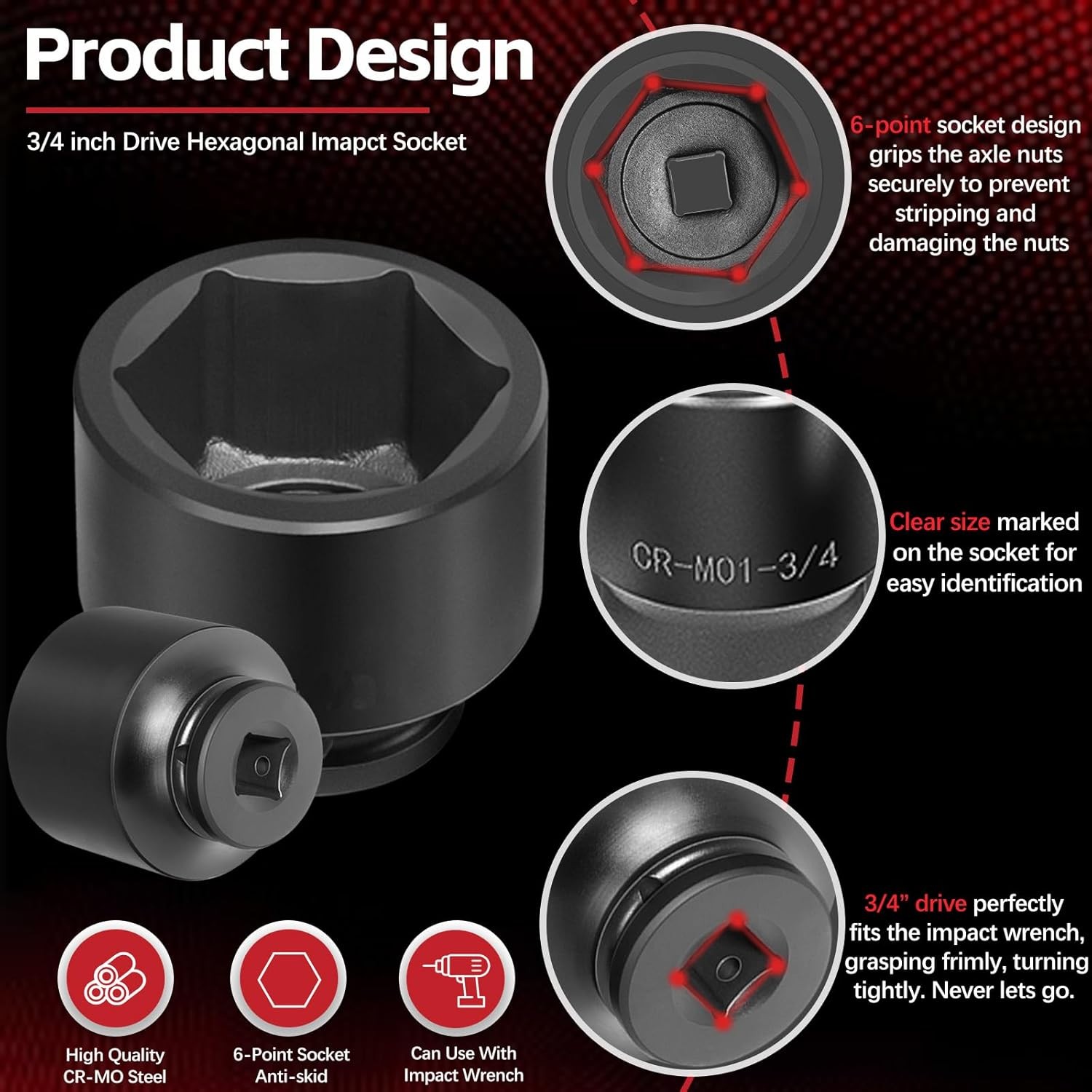 3/4″ Drive Deep Impact Socket Set 27Pcs SAE 7/8″-2″ Metric 22-50 MM Standard Kit