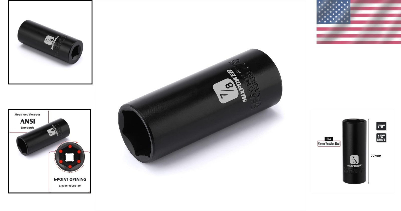 Durable 1/2-Inch Drive Deep Impact Socket – 7/8 Inch, Laser Marked, CR-V Steel