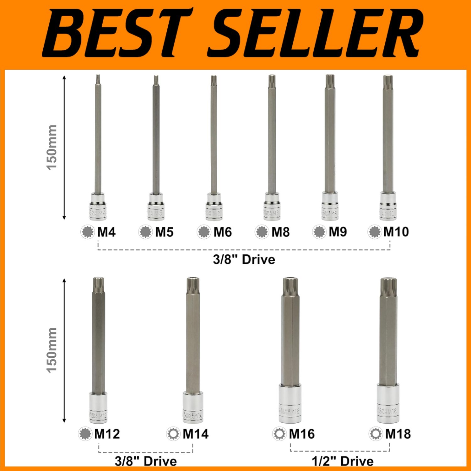 10-Piece XZN Bit Socket Set, 3/8″ & 1/2″ Drive
