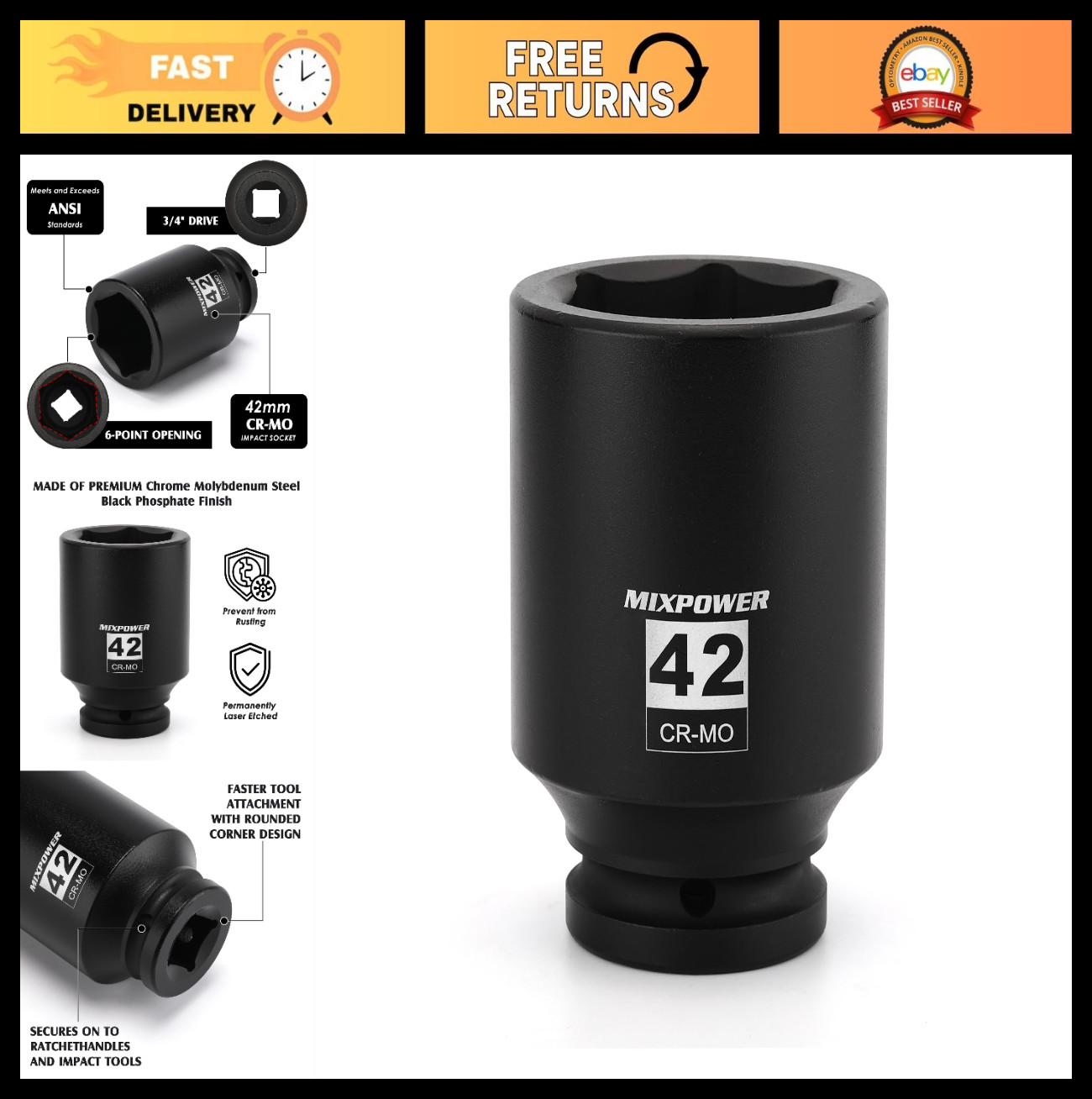 42mm 3/4″ Drive Deep Impact Socket – CR-MO, Metric 6 Point, Axle Nut Tool