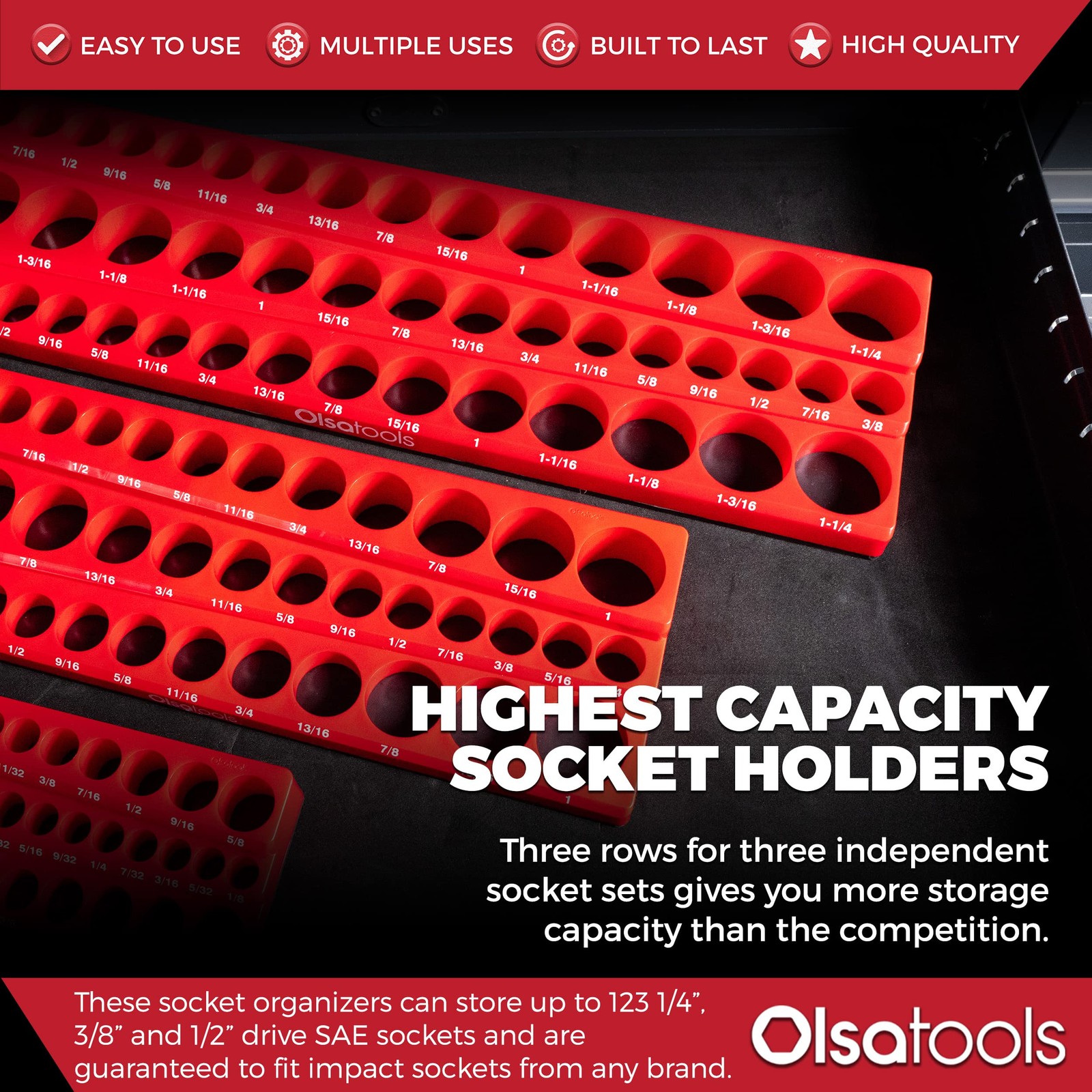 Magnetic Socket Organizer 1/4 3/8 1/2 SAE 123 Sockets Red 1560 Olsa Tools Drive
