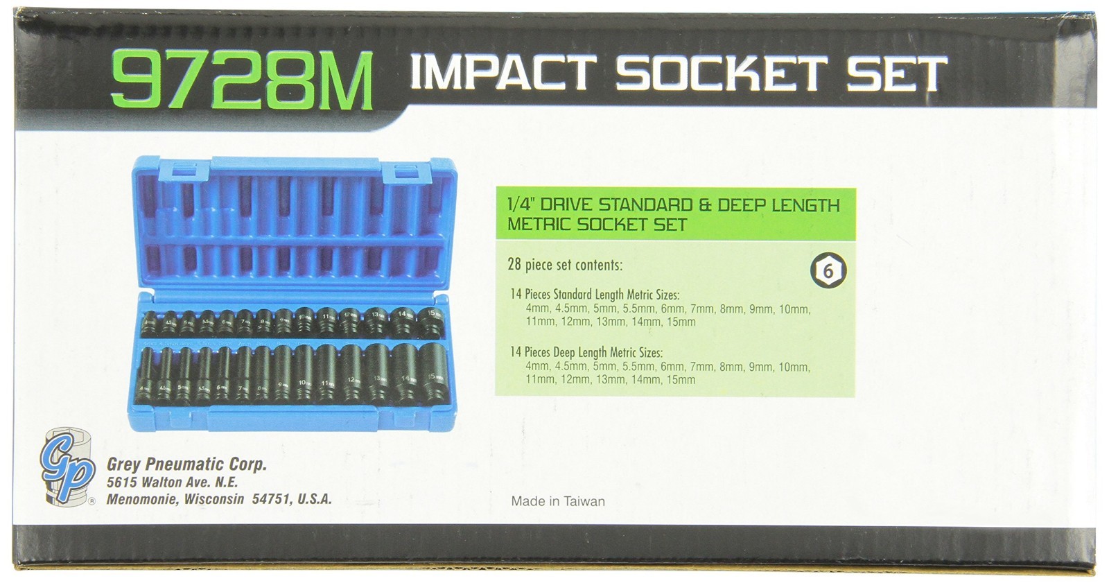 28-Piece Deep Length Metric Socket Set – 1/4″ Drive, Grey Pneumatic Compatible