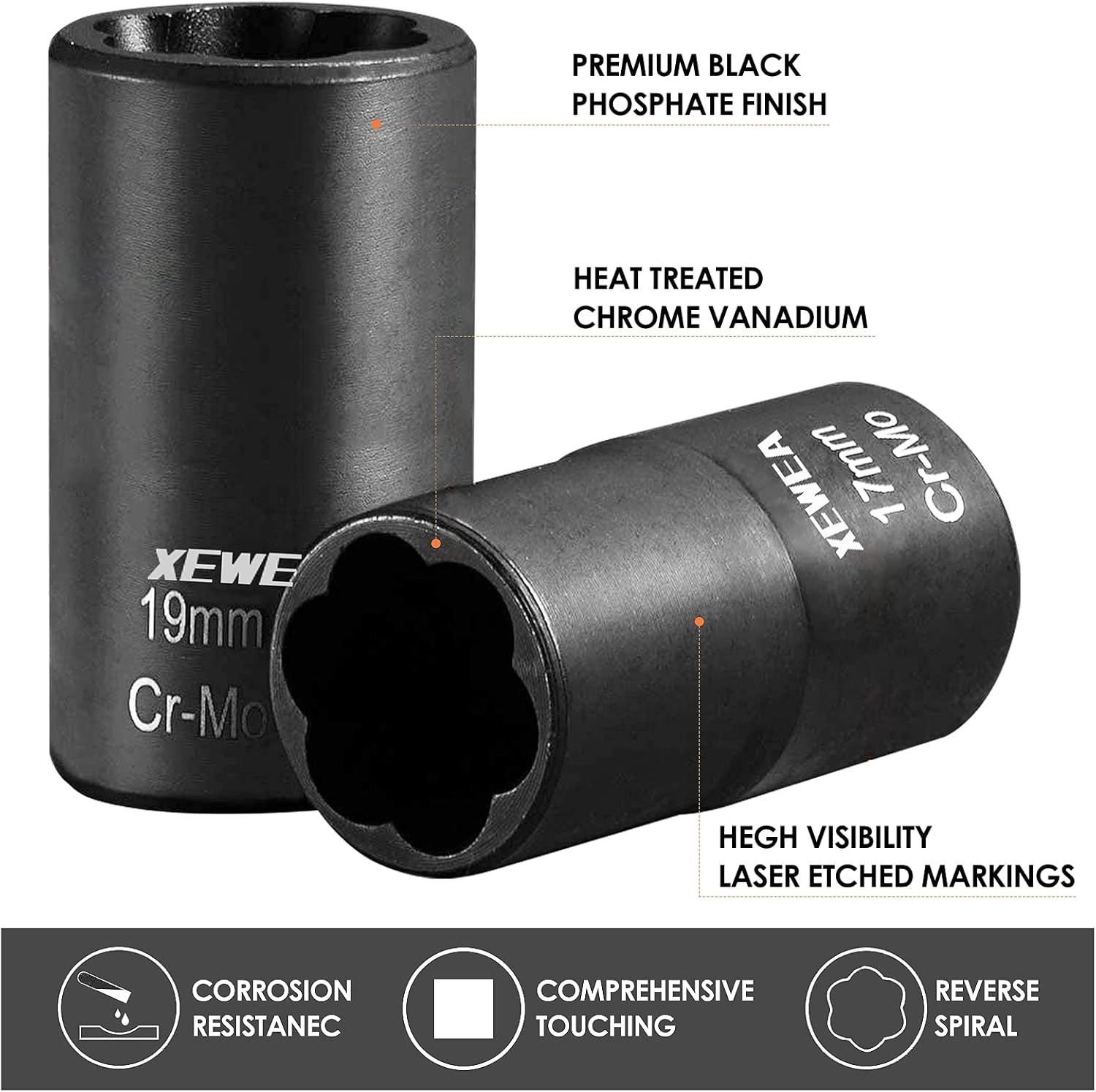 XEWEA 9PCS Lug Nut Extractor Set, 1/2″ Drive One Size, 9pcs 1/2"