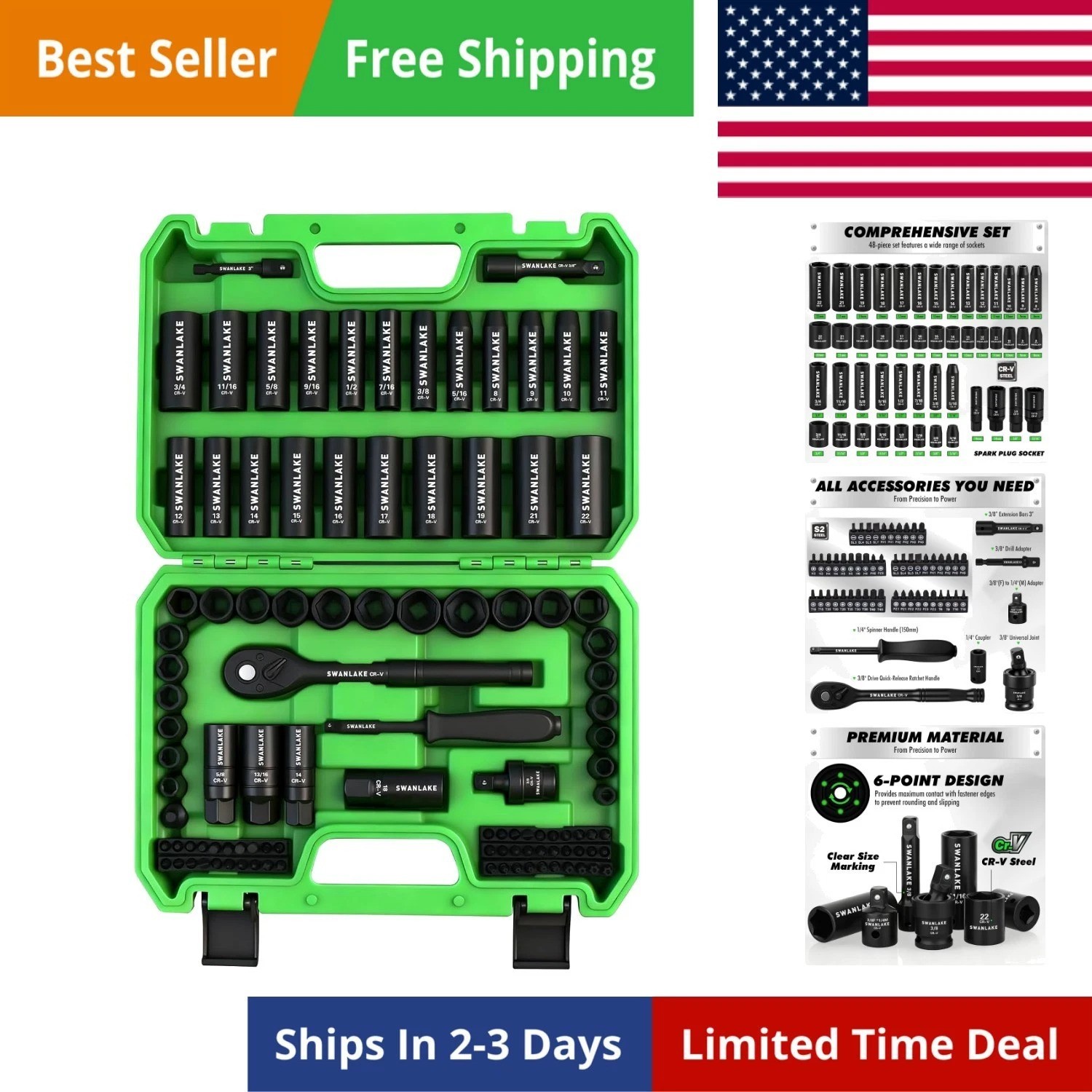 105-Piece 3/8″ Drive Impact Socket Set, SAE 5/16 to 3/4 inch and Metric 8-22m…