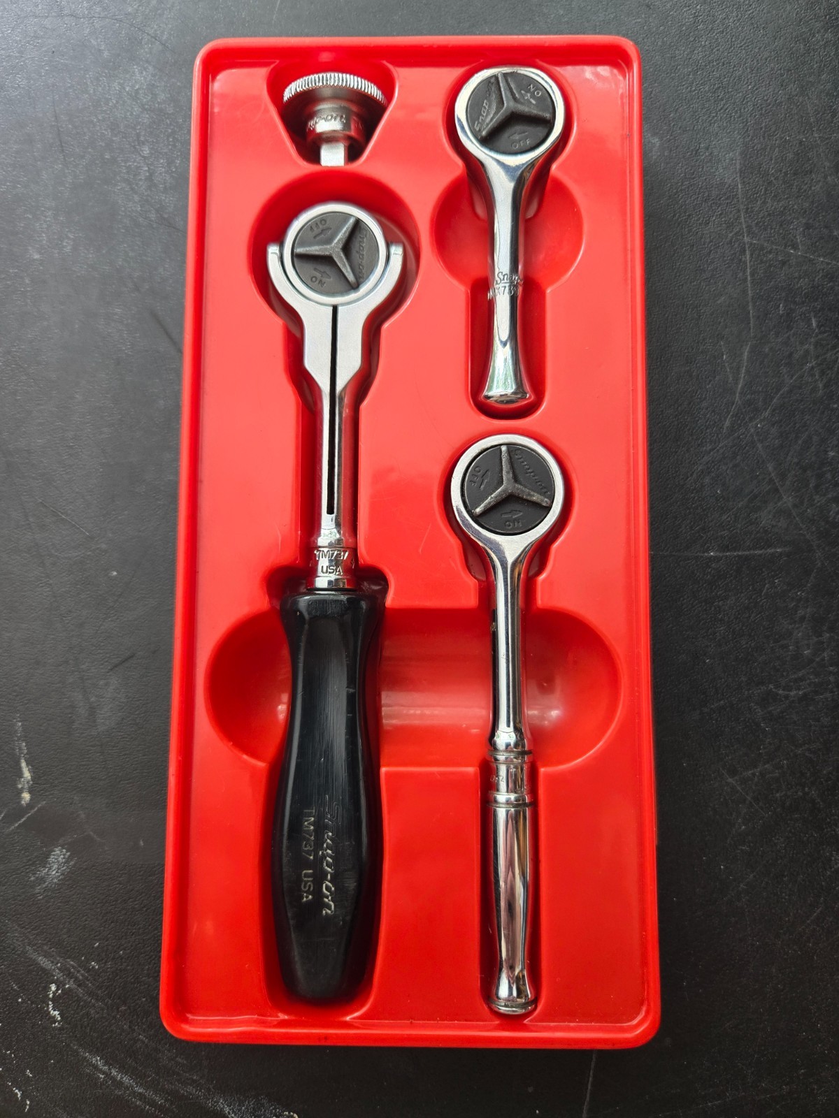Snap-on 4 piece 1/4 drive ratchet set in original Snap-on tray