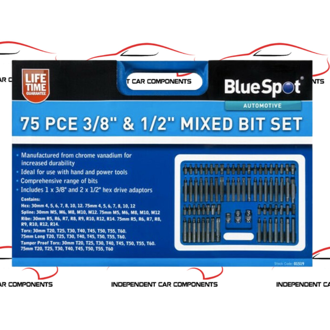 (01519) BlueSpot 75pce 3/8″ & 1/2″ Mixed Bit Set (Lifetime Guarantee)