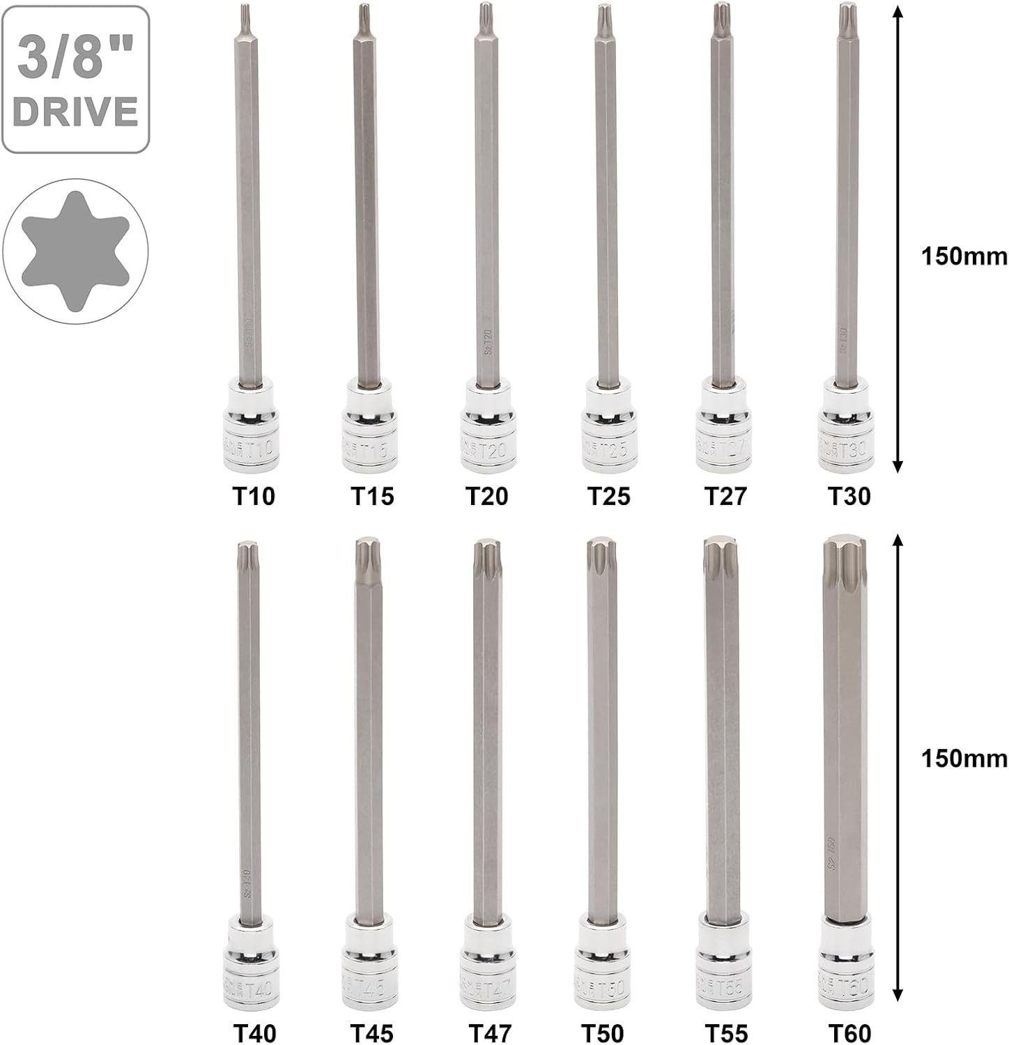 32PCS 3/8″ Extra Long Hex Torx Bit Socket Set SAE Metric T10-T60