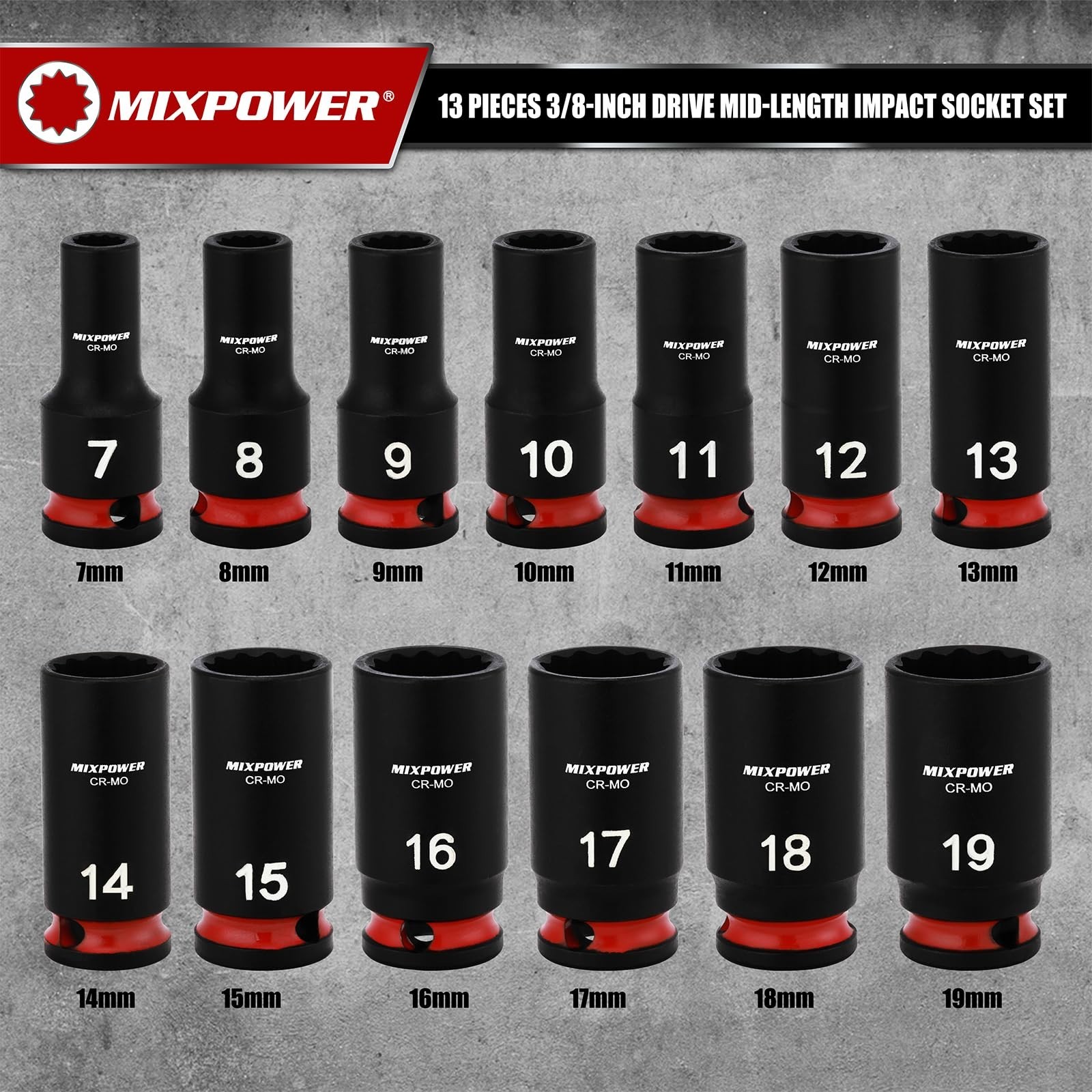 13-Piece 3/8″ Drive Metric Impact Socket Set, Semi-Deep 12 Point, 7-19mm, CR-MO