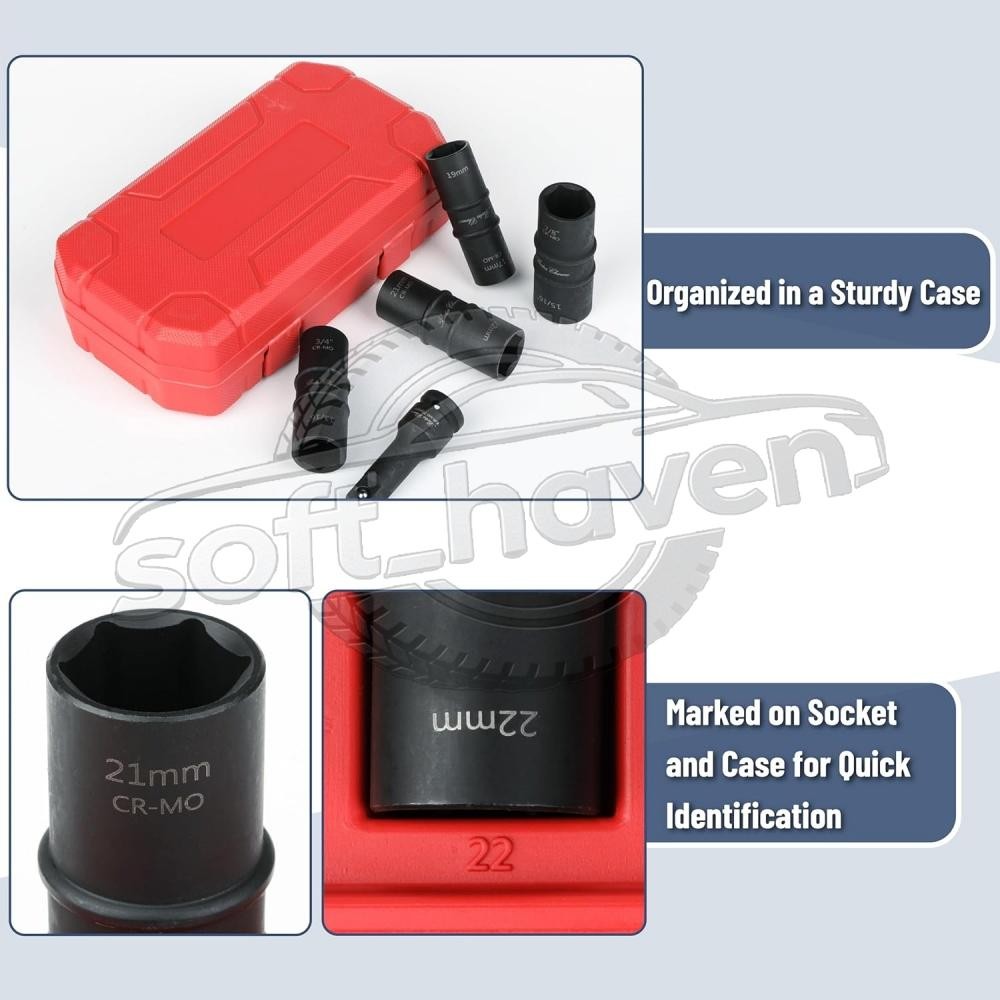 5PCS 1/2″ THIN WALL FLIP IMPACT SOCKET SET FOR AUTO RIMS TIRES LUG NUTS US