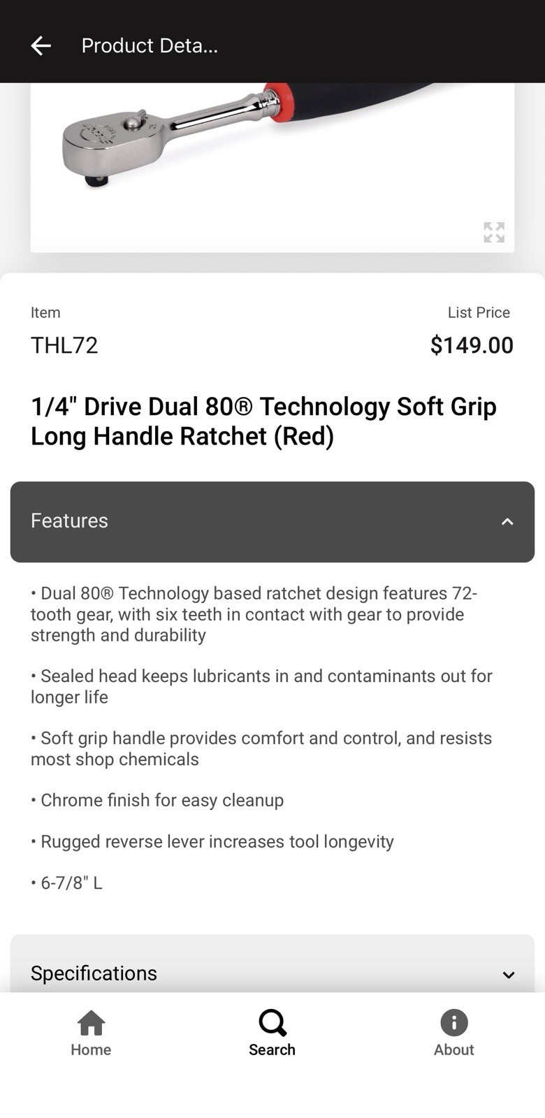 1/4″ Drive Dual 80 Technology Soft Grip Long Handle Ratchet (Red) THL72