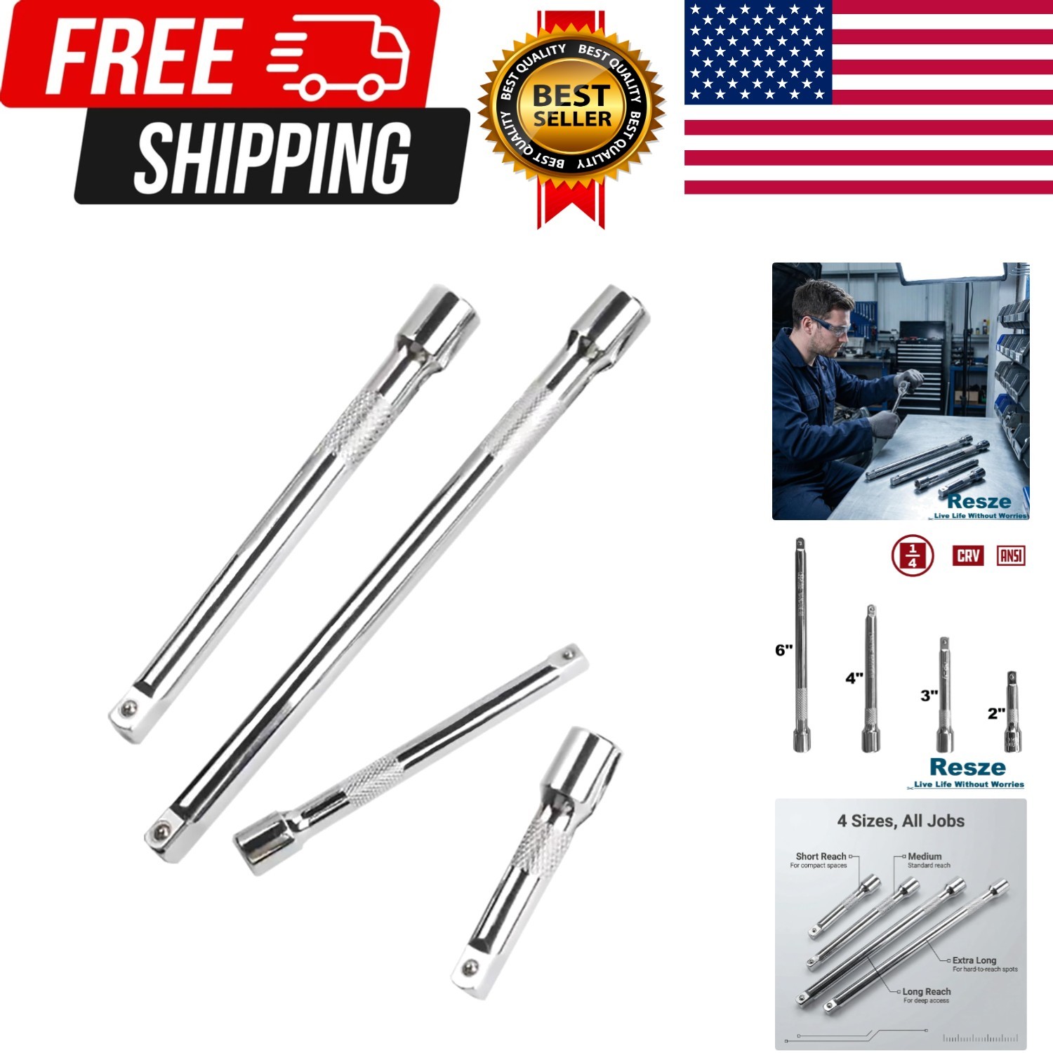 Resze 4 Pcs 1/4″ Socket Extension Set, Drive Impact Bar 4pc, Sliver