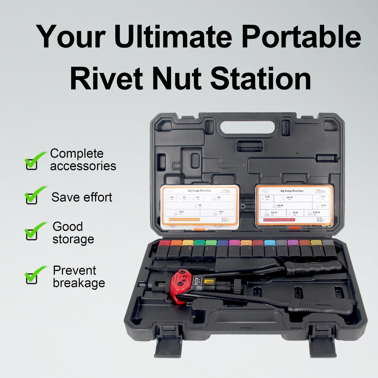 BEETOW Professional Rivet Nut Tool Kit – 16» Rivnut Gun with 15 SAE &…